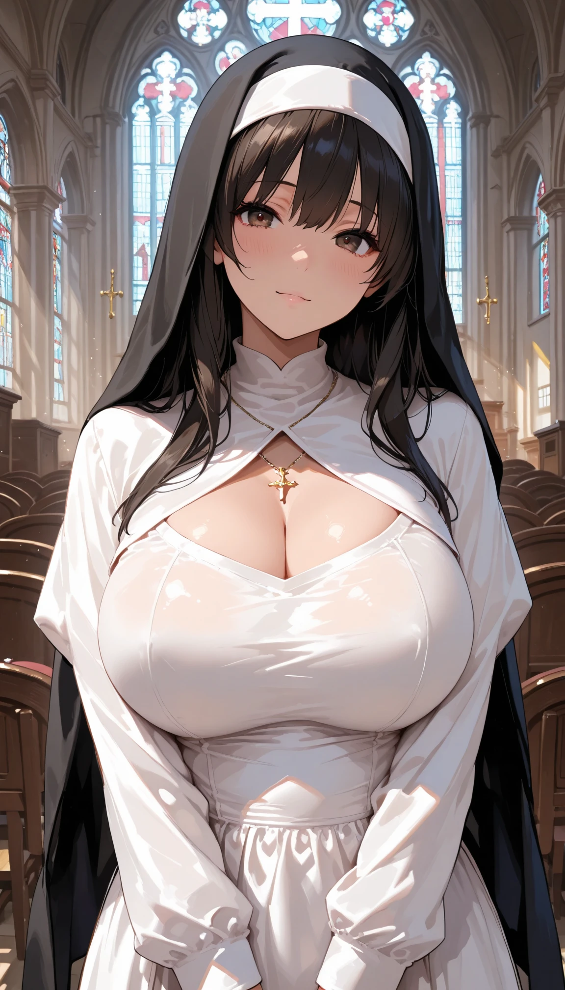 (masterpiece: 1.3), (Maximum resolution: 1.2), (Ultra HD TV: 1.2), Cinematic Light, 8K resolution, Detailed facial features , (Sharp focus: 1.2）, (Focus on the face:1.2),Perfect Style, Beautiful Face, Acura, Anatomically correct, Highly detailed face and skin texture, Beautiful Eyes,Beautiful Eyes, Thin eyebrows, Glitter Eyeliner: 1 Natural Cheeks, Glowing Skin, Fair skin: 1.2, (Glossy Lips: 1.4),、 (Embarrassed look: 1.2),Highly detailed face and skin texture, Natural Cheeks, , Glossy Lips: 1.4,Perfect Style、Cleavage、Soft 、（ on :1.4）（ on thighs 1.2）、 Overflowing 、Dripping 、Drenched in sweat、Wet clothes、blush、A humiliating look、Anxious expression、Frightened expression、Embarrassed look、anger、sorrow、tears、Open your knees、Spread your legs、 White 、necklace、Disheveled clothes、White panties、sweating、Thin 、stockings、29-year-old、 clear, Mature Woman,1 person、 Upward-facing , church、Stained glass、Black Hair、blonde、Silver Hair、Blue-gray eyes、Greenish-gray eyes,(Nuns'clothing:1.6)、Shortcuts、Full body portrait、