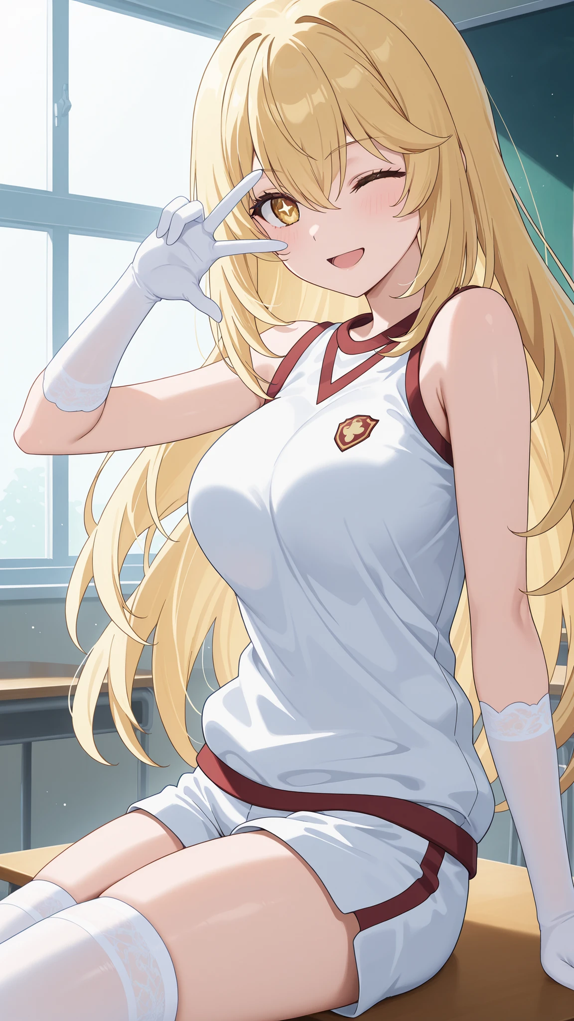 highres, absurdres,source anime,cowboy shot,1girl,solo,misaki shokuhou,blonde hair,hair between eyes,long hair,symbol-shaped pupils,yellow eyes,bare shoulders, gloves, gym shirt, gym shorts, gym uniform, shirt, short shorts, shorts, sleeveless, sleeveless shirt, thighhighs, tokiwadai school gym uniform, white gloves, white shirt, white shorts,white thighhighs,zettai ryouiki,classroom,happy,wink,sitting on desk,w over eye,breasts,thigh focus,from side,