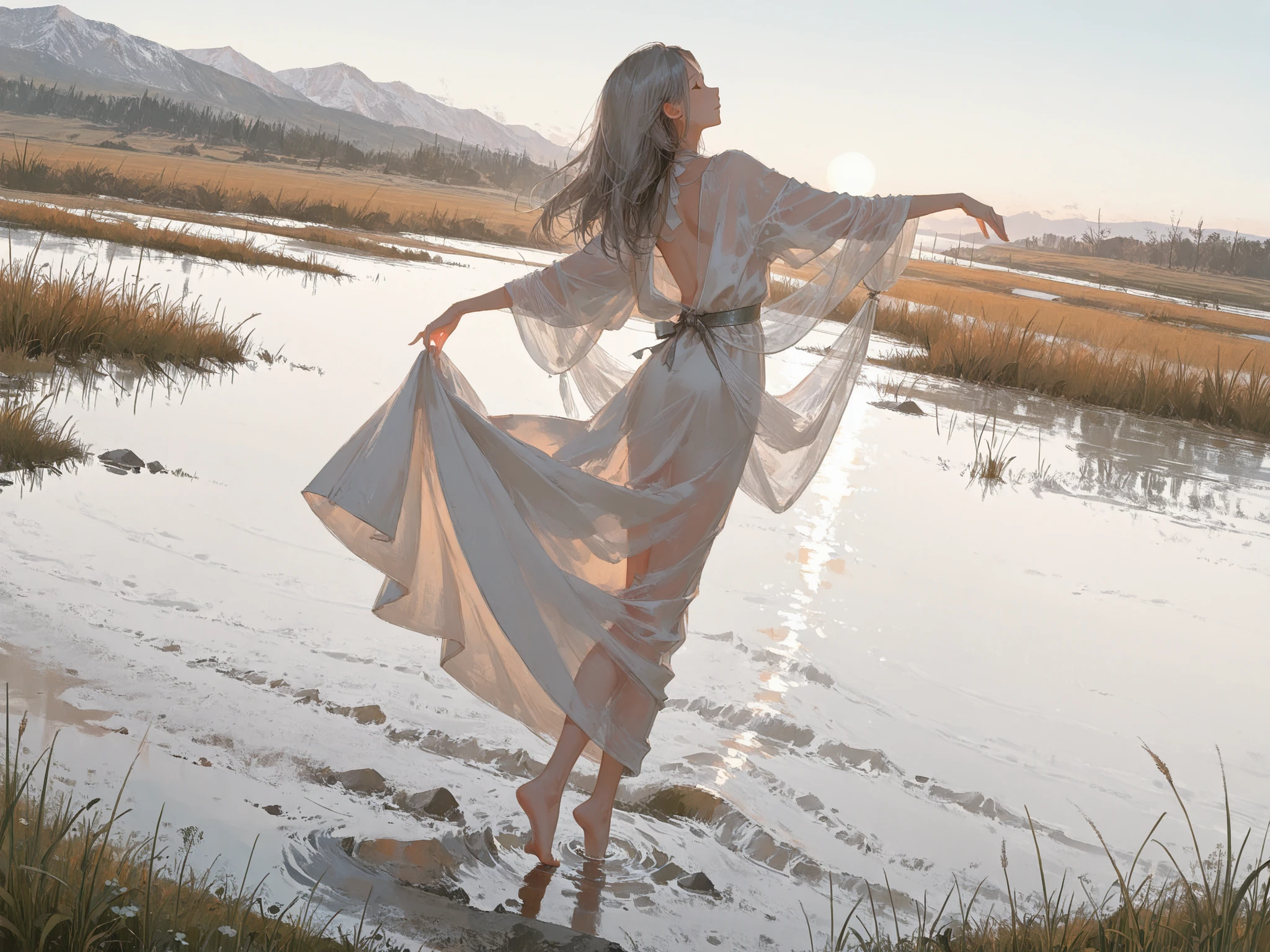 medium shot, dutch angle, makes an aesthetic, Master piece, Best Quality, ultra detailed, a beautiful girl, solo, Long Hair, Long medieval-style graceful dress, white dress, see-through silver shawl, no shoes, barefoot, skirt lift, arm spread, dancing silently, grassland, river, dipping feet in the water, morning,