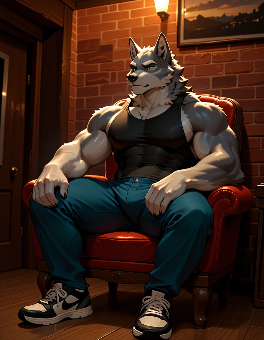 Bara, Solo, by Taran Fiddler, muscular male, mature age, middle-aged, furry male, canine, white fur, beard, , red boxers, pillow over lap, sitting on couch, living room, detailed, detailed face, handsome face