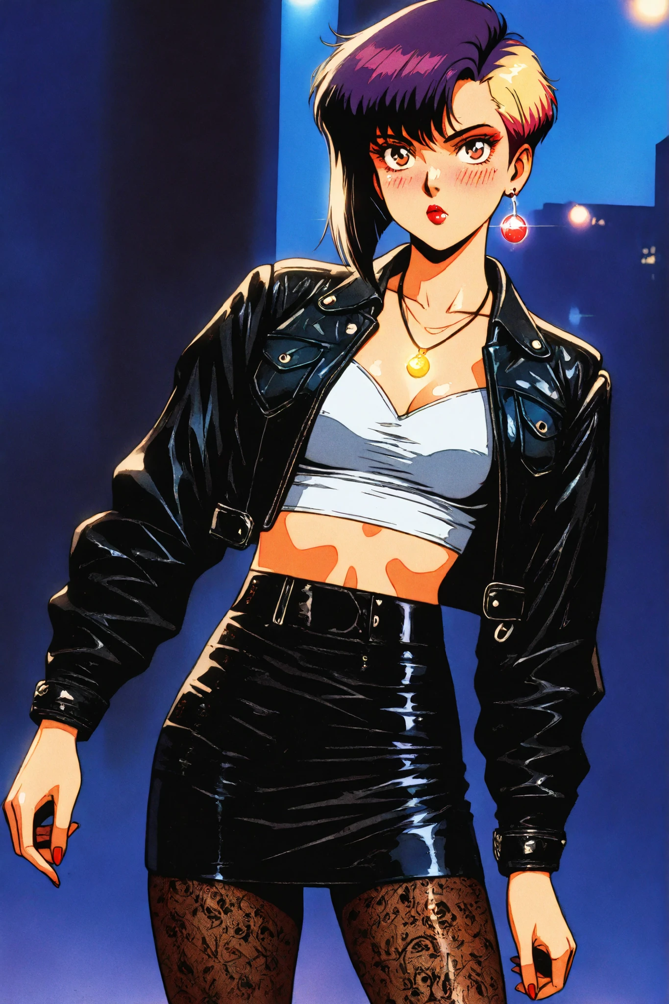retro anime, classic anime, manga, vintage, flat colors, bold lines, matte, faded colors, retro (artistic, evocative, stylish, dramatic). Very close view, masterpiece, best quality, highres, 1980s (style), retro artstyle, cowboy shot, glossy Prada-inspired leather mini-jacket, Gucci halter crop top, high-waisted tailored mini skirt, sheer patterned tights, platform designer heels, luxury street couture, neon club lighting, pouty gloss lips, bold red lipstick, dramatic smoky eyeliner, heavy blush, edgy lesbian hairstyle (short pixie cut, undercut, asymmetrical bob), neon-dyed hair (purple, blue, green variants), thick thighs, shiny skin, glowing neon necklace, bold earrings, nightlife scene, confident runway pose, Solo, 24 year old Japanese female, sapphic chic, highly detailed, extremely stylish, dynamic pose, work of art, 8k, dramatic retro background lighting