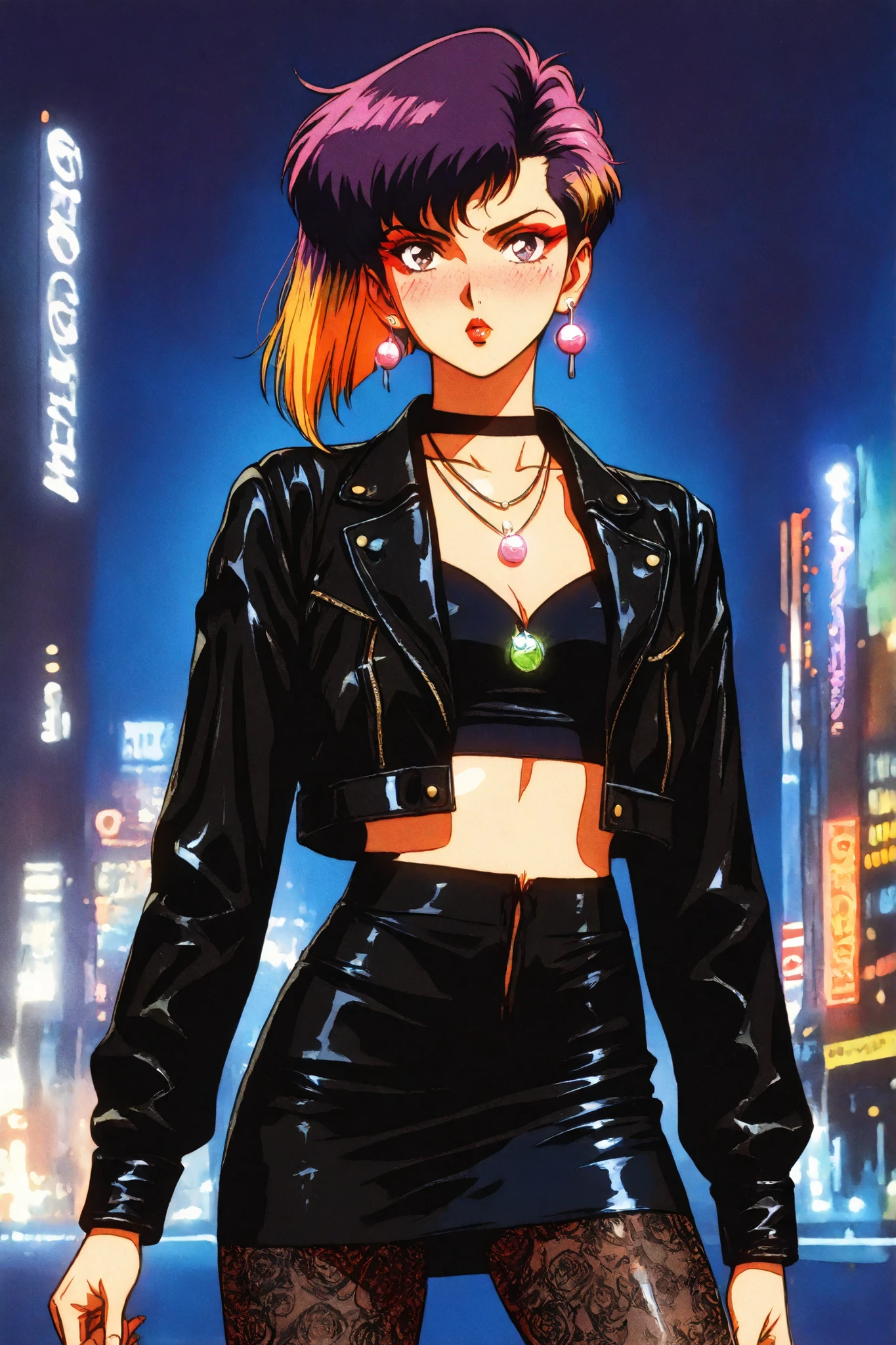 retro anime, classic anime, manga, vintage, flat colors, bold lines, matte, faded colors, retro (artistic, evocative, stylish, dramatic). Very close view, masterpiece, best quality, highres, 1980s (style), retro artstyle, cowboy shot, glossy Prada-inspired leather mini-jacket, Gucci halter crop top, high-waisted tailored mini skirt, sheer patterned tights, platform designer heels, luxury street couture, neon club lighting, pouty gloss lips, bold red lipstick, dramatic smoky eyeliner, heavy blush, edgy lesbian hairstyle (short pixie cut, undercut, asymmetrical bob), neon-dyed hair (purple, blue, green variants), thick thighs, shiny skin, glowing neon necklace, bold earrings, nightlife scene, confident runway pose, Solo, 24 year old Japanese female, sapphic chic, highly detailed, extremely stylish, dynamic pose, work of art, 8k, dramatic retro background lighting