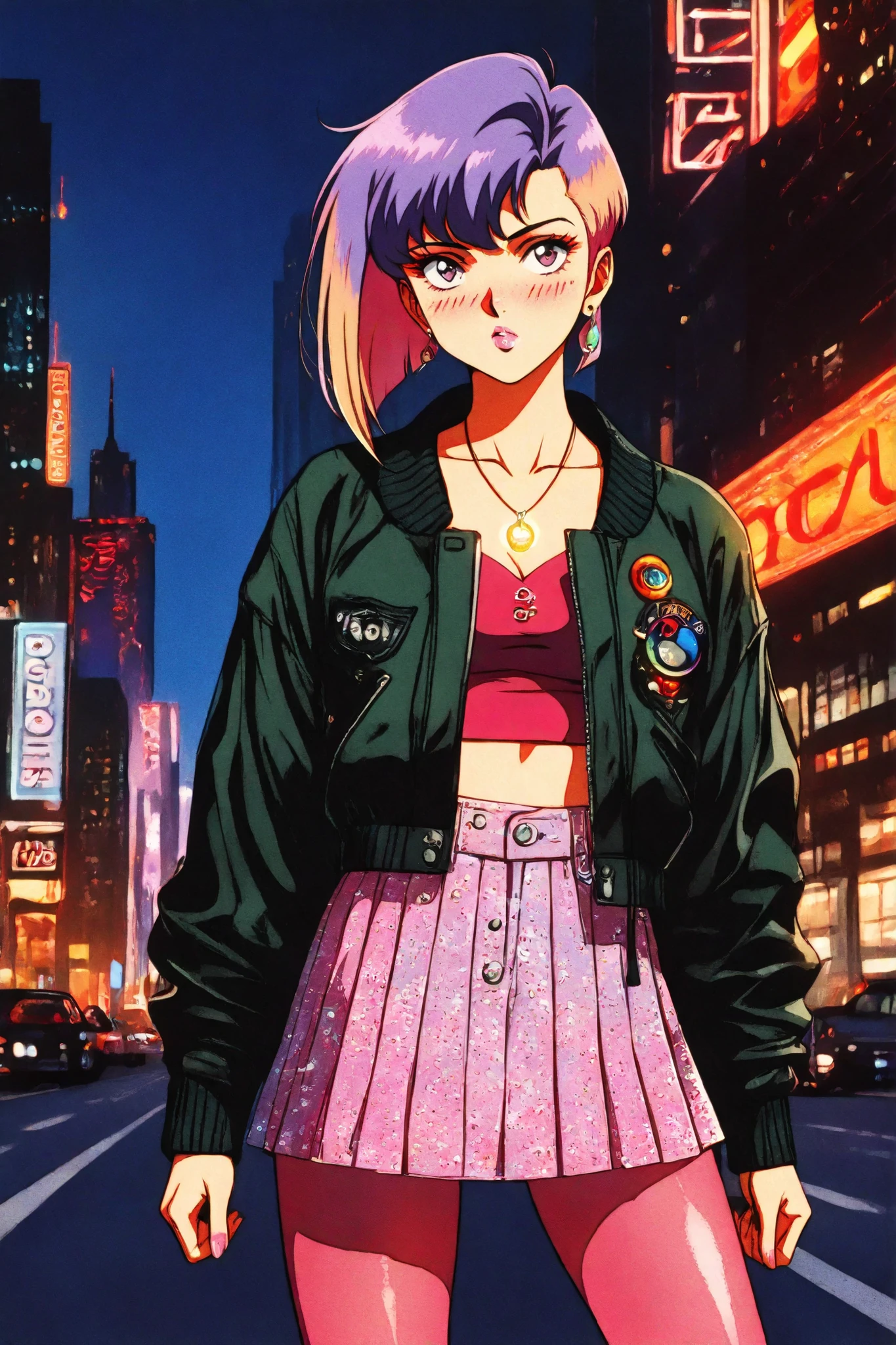 retro anime, classic anime, manga, vintage, flat colors, bold lines, matte, faded colors, retro (artistic, evocative, stylish, dramatic). Masterpiece, best quality, highres, 1980s (style), retro artstyle, cowboy shot, luxury Gucci bomber jacket in vibrant red and gold, Prada halter crop top in emerald green, high-waisted pastel mini skirt, sheer patterned tights in lavender, platform heels in cobalt blue, neon accessories, glowing neon necklace, dramatic city nightlife background, pouty gloss lips, bold lipstick (deep plum, crimson, or hot pink), smoky eyeliner, heavy blush, edgy lesbian hairstyle (short pixie cut, undercut, asymmetrical bob), neon-dyed hair (purple, blue, green, pink), sapphic chic fashion, stylish high-end streetwear, dramatic jewelry, runway influence, striking colors everywhere, Solo, 24 year old Japanese female, extremely detailed, shiny fabrics, glossy highlights, confident fashion model pose, cinematic neon club lighting, 8k, highly detailed