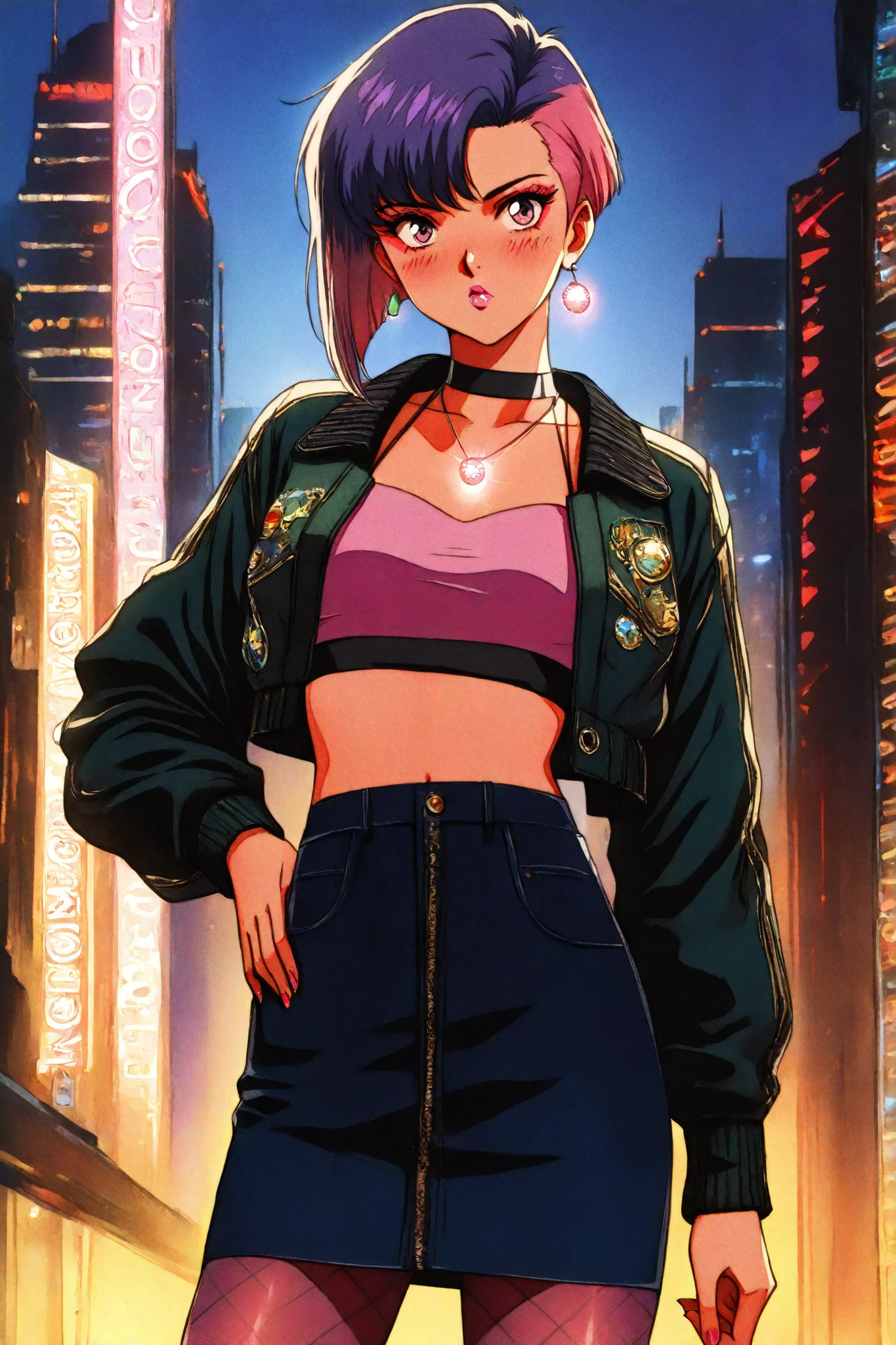 retro anime, classic anime, manga, vintage, flat colors, bold lines, matte, faded colors, retro (artistic, evocative, stylish, dramatic). Masterpiece, best quality, highres, 1980s (style), retro artstyle, cowboy shot, luxury Gucci bomber jacket in vibrant red and gold, Prada halter crop top in emerald green, high-waisted pastel mini skirt, sheer patterned tights in lavender, platform heels in cobalt blue, neon accessories, glowing neon necklace, dramatic city nightlife background, pouty gloss lips, bold lipstick (deep plum, crimson, or hot pink), smoky eyeliner, heavy blush, edgy lesbian hairstyle (short pixie cut, undercut, asymmetrical bob), neon-dyed hair (purple, blue, green, pink), sapphic chic fashion, stylish high-end streetwear, dramatic jewelry, runway influence, striking colors everywhere, Solo, 24 year old Japanese female, extremely detailed, shiny fabrics, glossy highlights, confident fashion model pose, cinematic neon club lighting, 8k, highly detailed