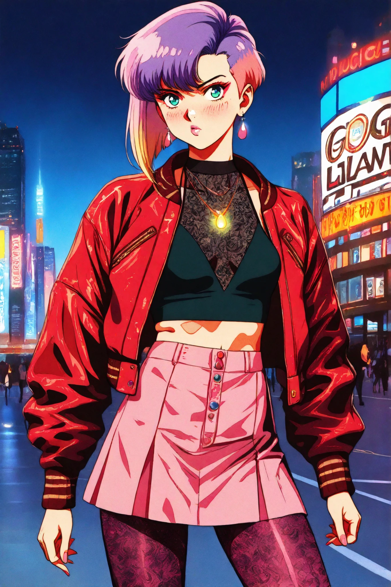 retro anime, classic anime, manga, vintage, flat colors, bold lines, matte, faded colors, retro (artistic, evocative, stylish, dramatic). Masterpiece, best quality, highres, 1980s (style), retro artstyle, cowboy shot, luxury Gucci bomber jacket in vibrant red and gold, Prada halter crop top in emerald green, high-waisted pastel mini skirt, sheer patterned tights in lavender, platform heels in cobalt blue, neon accessories, glowing neon necklace, dramatic city nightlife background, pouty gloss lips, bold lipstick (deep plum, crimson, or hot pink), smoky eyeliner, heavy blush, edgy lesbian hairstyle (short pixie cut, undercut, asymmetrical bob), neon-dyed hair (purple, blue, green, pink), sapphic chic fashion, stylish high-end streetwear, dramatic jewelry, runway influence, striking colors everywhere, Solo, 24 year old Japanese female, extremely detailed, shiny fabrics, glossy highlights, confident fashion model pose, cinematic neon club lighting, 8k, highly detailed