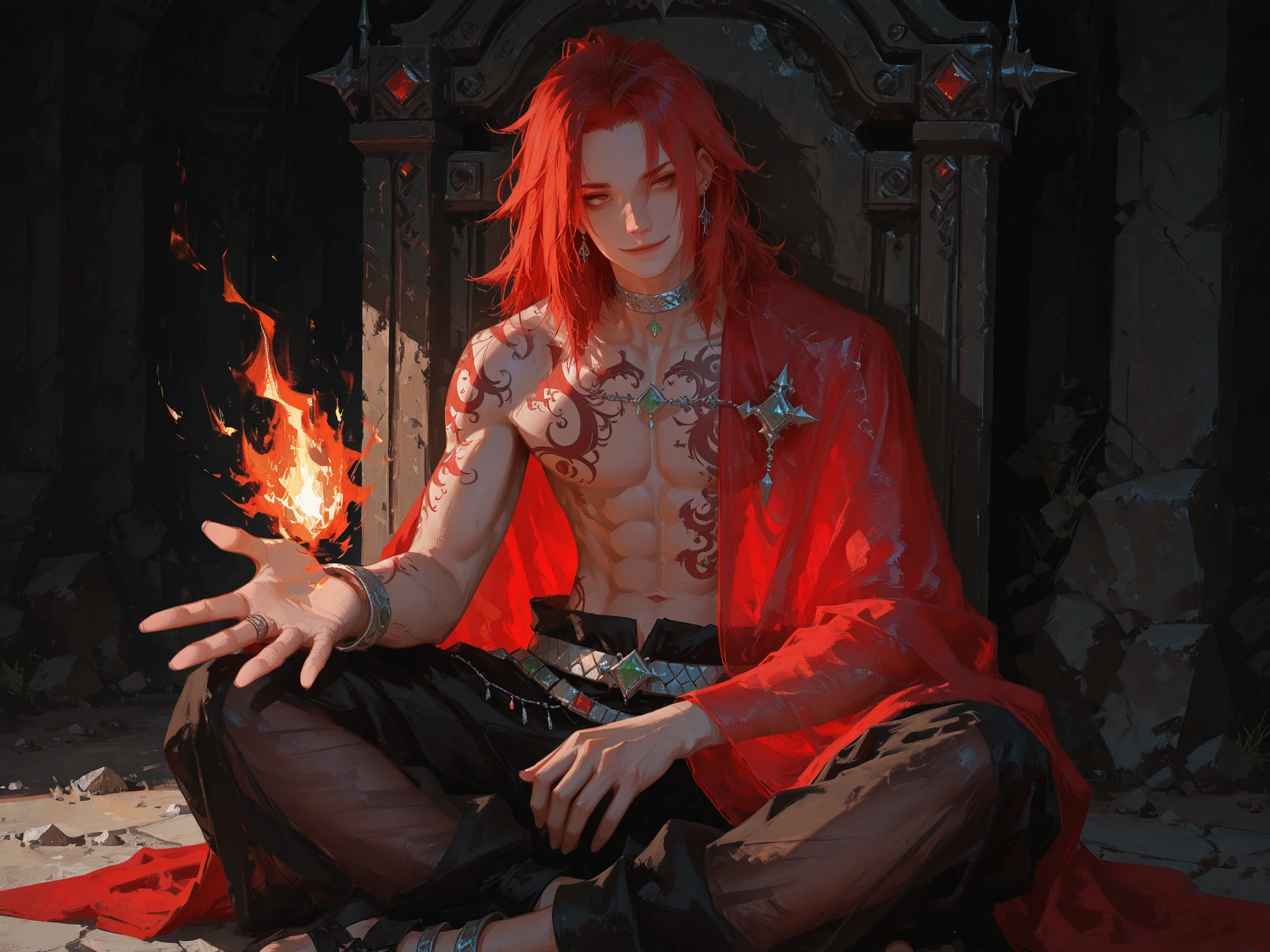 medium shot, front shot, makes an aesthetic, Master piece, Best Quality, ultra detailed, a handsome man, (man:1.6), solo, (male:1.6) medium Hair, male glowing red hair, male messy hair, forehead, male brown eyes, smiling, topless male, earrings, toned, luxury silver choker, red Tattoos around the chest, black harem pants, gem stone belt, sitting a throne, see-through red cloak, indian style, one knee, outstretched hand, magical fire effect, Volcanic Kingdoms, fantasy world