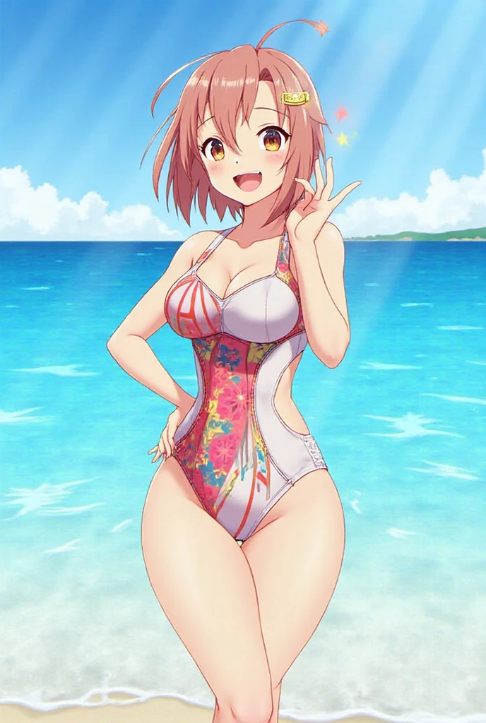 best quality, masterpiece, highres, solo, {uehara_ayumu_loveliveschoolidolfestivalallstars:1.15}, bangs, medium_hair, yellow_eyes, hair_bun, hair_ornament, single_side_bun, smile, blush, orange_hair, pink_hair, braid, swept_bangs, blunt_bangs, half_updo, green_eyes, 1girl, bikini, blue_sky, breasts, cleavage, cloud, collarbone, day, looking_at_viewer, medium_breasts, ocean, outdoors, red_hair, sky, swimsuit, white_bikini, beach, head_rest, navel, side-tie_bikini_bottom