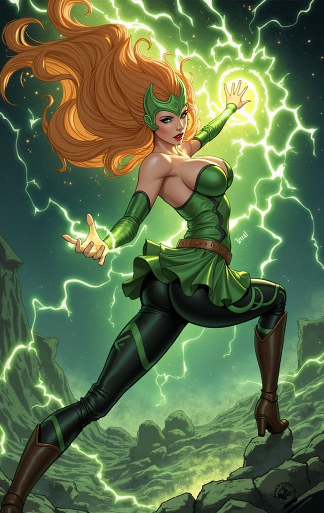 score_9, score_8_up, score_7_up, masterpiece, high quality, BREAK
 <lora:Amora the enchantressPonyLoRA:1>amoenchtress, long hair, headpiece, elbow gloves, bustier, bare shoulders, cleavage, belt, skirt, leggings, smile, magic, fire, electricity, glowing, aura, attack stance, casting,