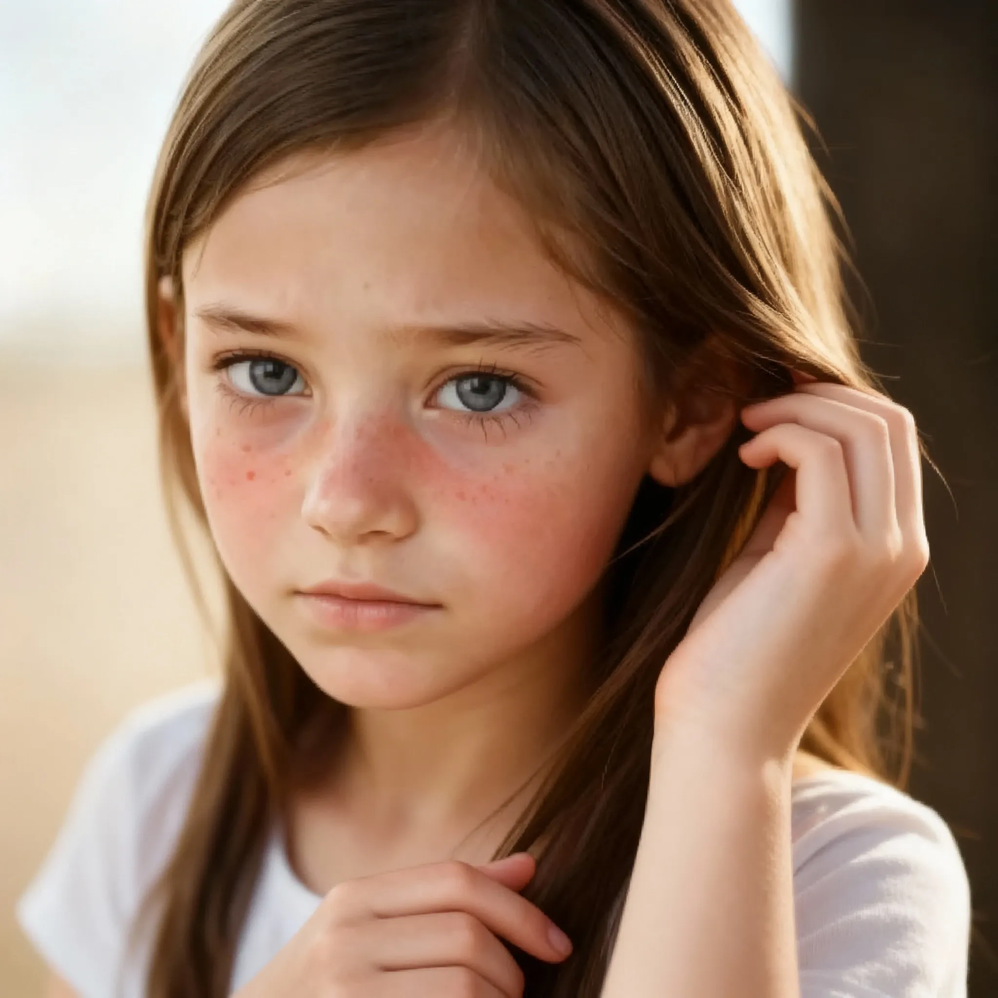 A frowning red headed 18 yo woman on a couch. Close up. Freckles 