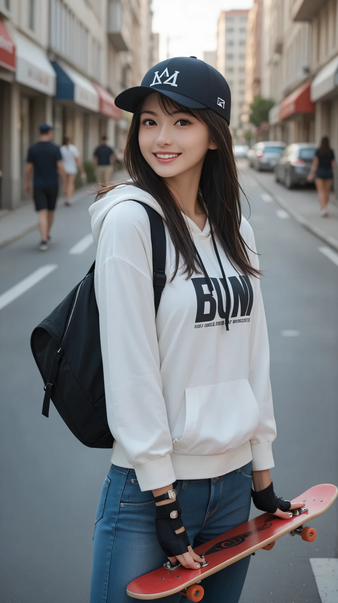 street,skateboard,womanhood,1girl,hat,streetファッション,Smile Yan,Bright,,,sexy,Clear,very beautiful,acrobat,Action,dynamic,live-action,realistic,greatest masterpiece,safe content