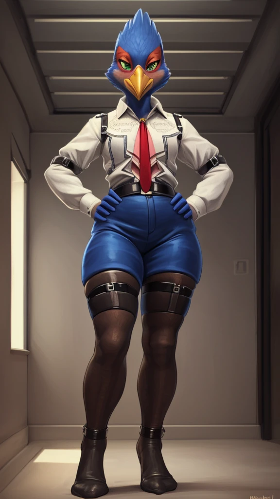 score_9, score_8, score_7, expressiveh, detailed face, detailed eyes, masterpiece, 1girl, solo, hi-fi_rush, rekka, muscular female, dark skinned female, orange eyes, thick thighs, wide hips, muscular thighs, Large Breasts, broad shoulders, red lipstick, lips, purple eyeshadow, black hair, short hair, full body, covering breast, huge mechanical gauntlets, red gauntlets, gears, mechanical arms, red yellow streak, office, desk, computer on desk, standing, black pants, boots, shirt, necktie, smile