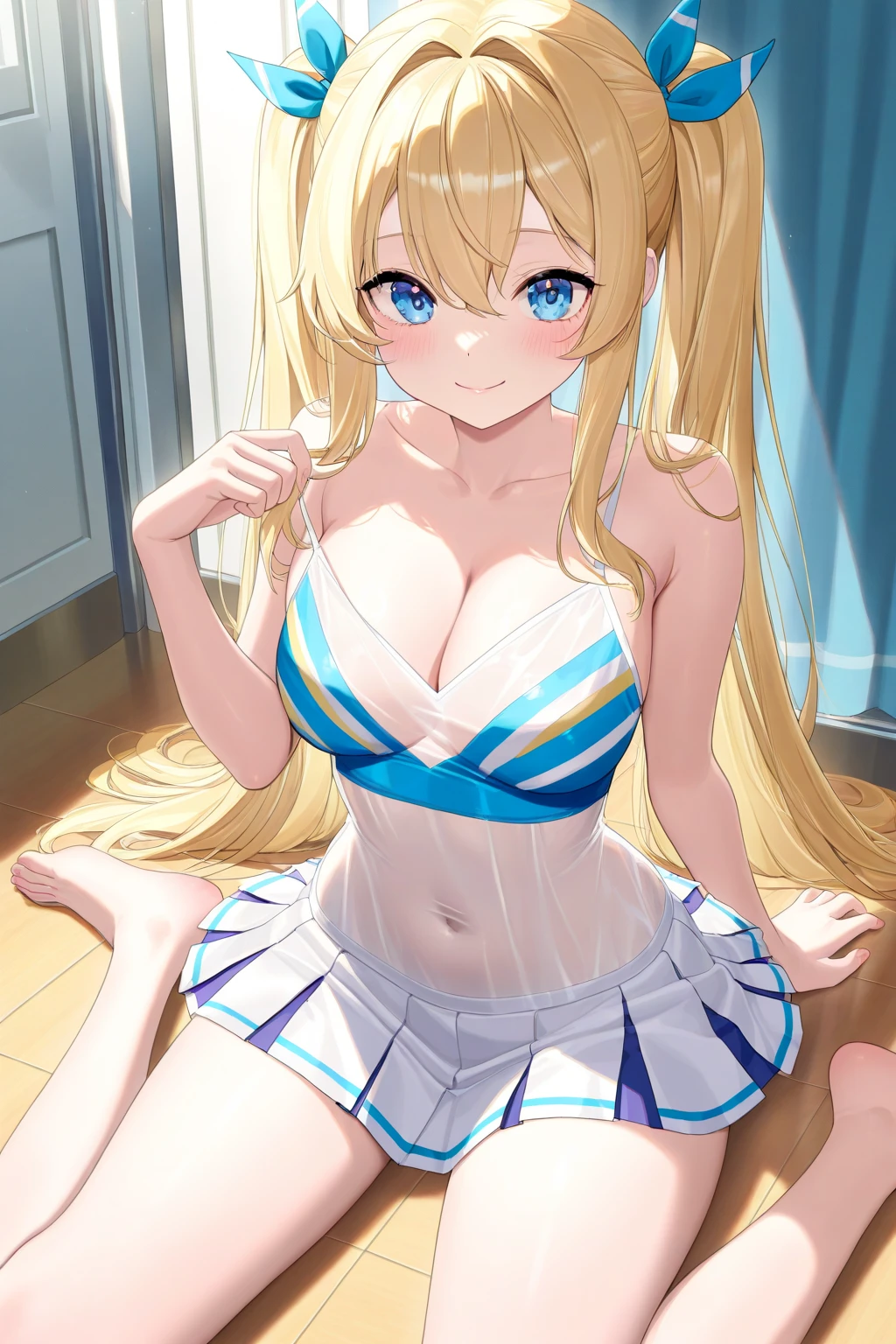 highdetail,Angel,Lower body is naked,Completely naked,upper body naked,anime girl,smile,wing,純白のwing,big breasts,twin tails,blonde,Green eyes, (masterpiece, best quality, detailed:1.3),(Photo:1.3),Overall view,No pants,white garter belt,has a cane in hand