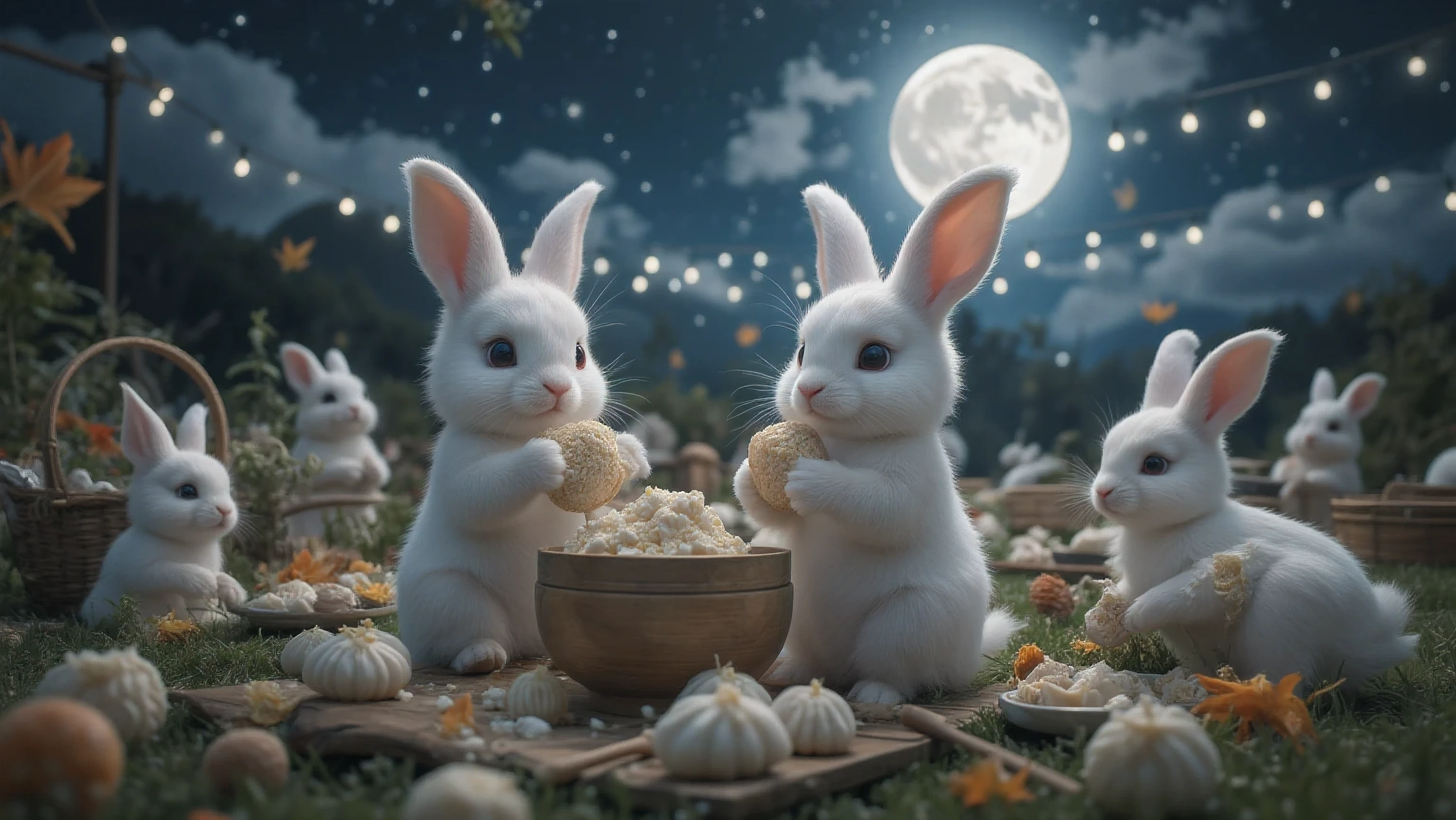 A magical moonlit scene of rabbits making rice cakes under a bright full moon in the night sky; two adorable white rabbits rhythmically taking turns pounding rice cakes in perfect synchronization with a wooden pestle in a traditional wooden mortar, their fluffy ears bouncing with each blow as they work together; other rabbits gathered around them carefully shaping freshly pounded rice cakes into round dumplings with their little paws; rabbits coating rice cake dumplings with sweet red bean paste and golden soybean flour to make ohagi, a beautifully arranged traditional sweet; a scene bathed in soft, dreamy moonlight casting gentle shadows across a grassy clearing; autumn leaves gently dancing in the air adding to the magical atmosphere; traditional bamboo baskets and wooden tools scattered around the workshop; the expressive, joyous faces of the rabbits working together in this enchanting nighttime festival; the full moon dominating a star-filled sky, creating a serene and mystical atmosphere