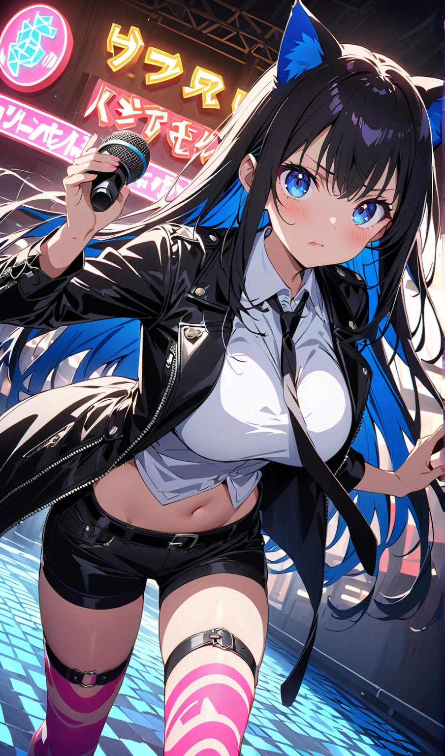 Face only、Black Hair、White Shaggy、Two-tone hair、Odd Eye、Right eye is red、left eye is purple、Emblem on left eye、My hair is standing up、Short、Floating in the air、the sword is floating、1 person、Are standing、cool、(Black Background)、Young、Long Hair、Blue aura、Blue Lightning、Black lightning、Sickly、Belly button、Shoulder Bare、Over jacket、Bending