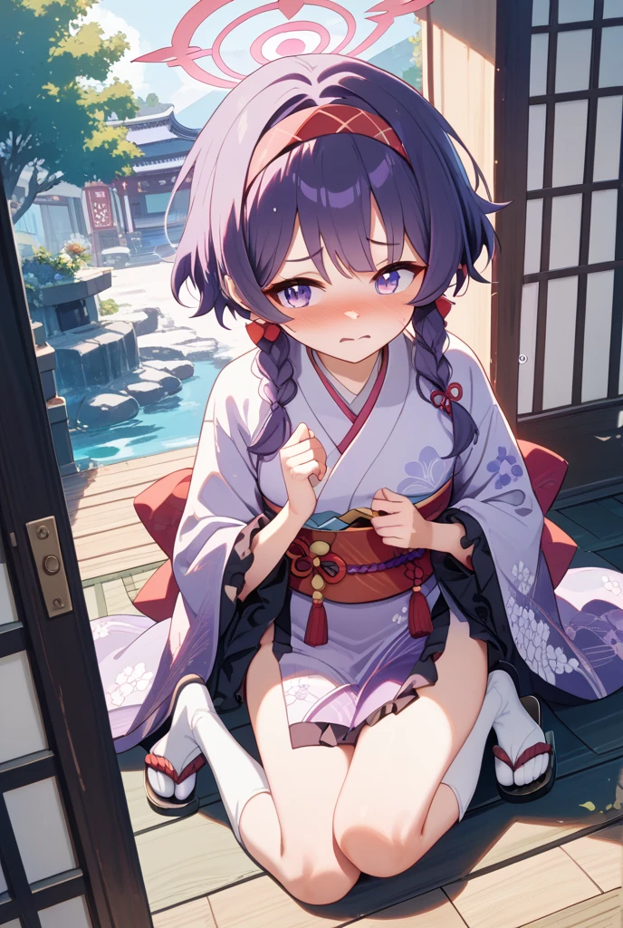 Yuki Konno, Yuki Konno, shairband, Long hair, pointy ear, Purple hair, (Red Eyes:1.5), (Small ???????:1.2), Ahoge，Purple kimono，White mini skirt，knee high socks，Short boots，Girl's hands in peace pose, Girl making peace sign with both hands，Happy atmosphere，a smile，In front of the torii gate，shrines，Sunrise，the sun starts to rise，Upper body, Full body,
BREAK outdoors, 
BREAK (masutepiece:1.2), Best Quality, High resolution, Unity 8k壁纸, (Illustration:0.8), (Beautiful detailed eyes:1.6), extra detailed face, Perfect Lighting, extremely details CG, (Perfect hands, Perfect ???????),