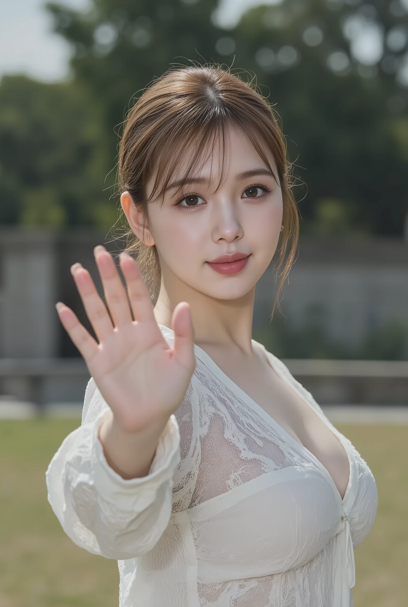 a woman with huge breasts1By people,((A woman with very beautiful hair)),((dark haired)),short hair in a hand basket,(have bangs),Realistic Portraits,Realism,Highest Quality,Masterpiece,Highest Quality,best image quality,highest resolution,fine detail, Beautifully Detailed Faces,dark eyes,realistic skin,accurate upper body,realistic skin,((squinting and smiling)),At the seaside where no one is there,in a late-night school classroom,wear large Kurobuchi glasses,((Observe your upper body up close and front)),(((collar))),((long sleeve)),show me face forward,facing the front,Elaborate Upper Body ,her arms are displayed correctly,(((wear large black-framed glasses on my face))), Navy blue tight skirt,(((Observe your upper body up close and front立っている))),super big boobs,Indoor,squint and smile,