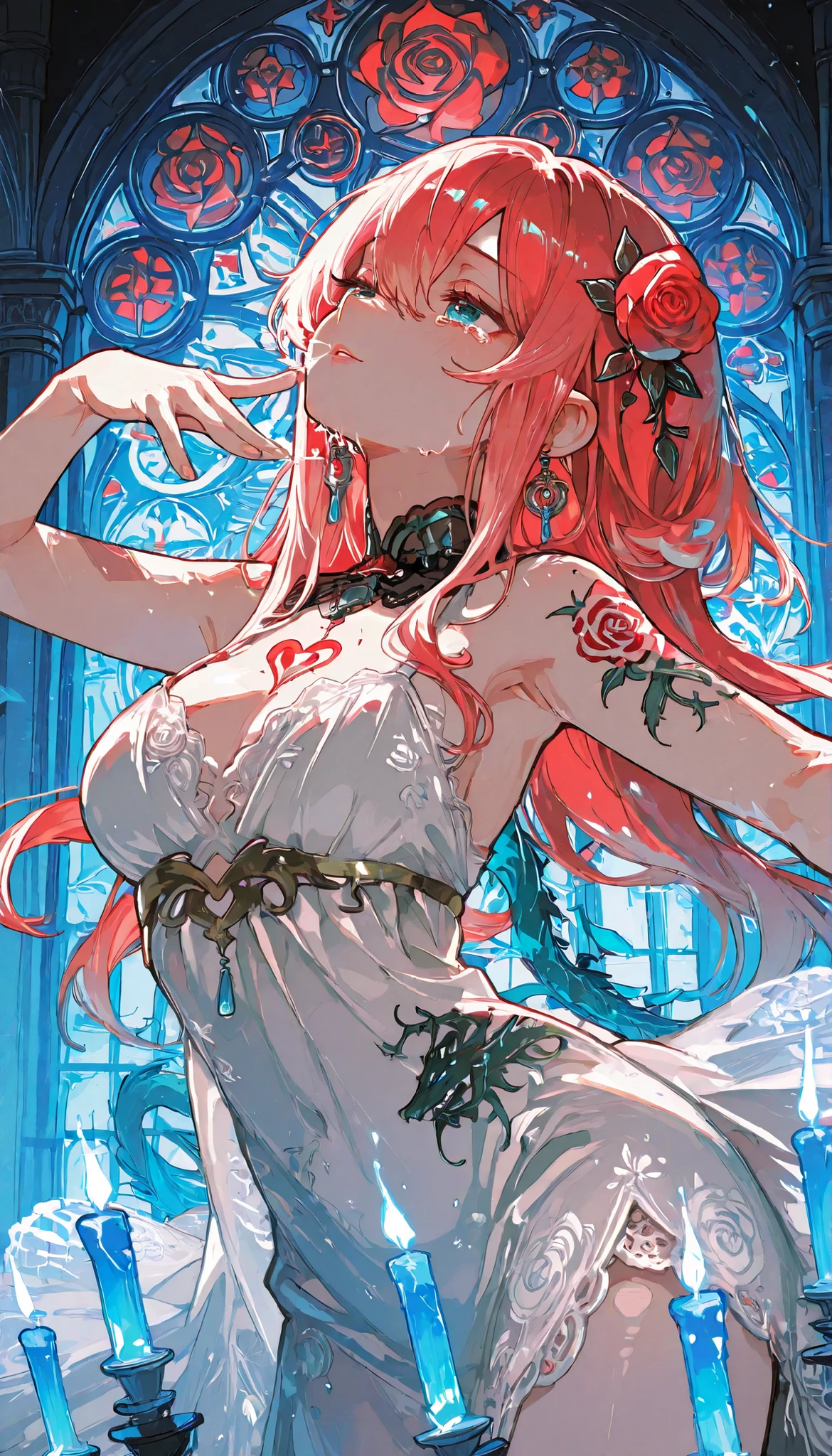 Tattooed Diva, cinematic close-up, 9:16, 
Ethereal diva reaching high note — rose tattoo on chest blooms fully, releasing soft red light forming face of lost lover, 
Dragon tattoo on back stirs — shadow rises into air, dancing like real entity, 
Wearing: delicate translucent gown — floral lace fused with crystal threads, glowing at seams, 
Pose: emotional singing moment — hand over heart, lips parted, tears held back, looking at you 
Background: dreamlike concert hall — floating candles, audience of spirits, stained-glass windows showing past lives, 
Lighting: ethereal glow, shallow focus on her face, chromatic aberration, 
Color grading: deep violet, rose gold, steel blue — radiant crimson from tattoo, 
Art style: Mucha sorrow + Swarovski brilliance + Rutkowski magic, 
Milf , mature ,Impeccable body anatomy, supermodel proportions, 
Extremely detailed: tear trail, skin texture, tattoo movement, fabric flow, 
Flawless singing pose, musical vibes, 8K UHD, HDR, masterpiece --niji 5 --style expressive --ar 9:16 --stylize 750