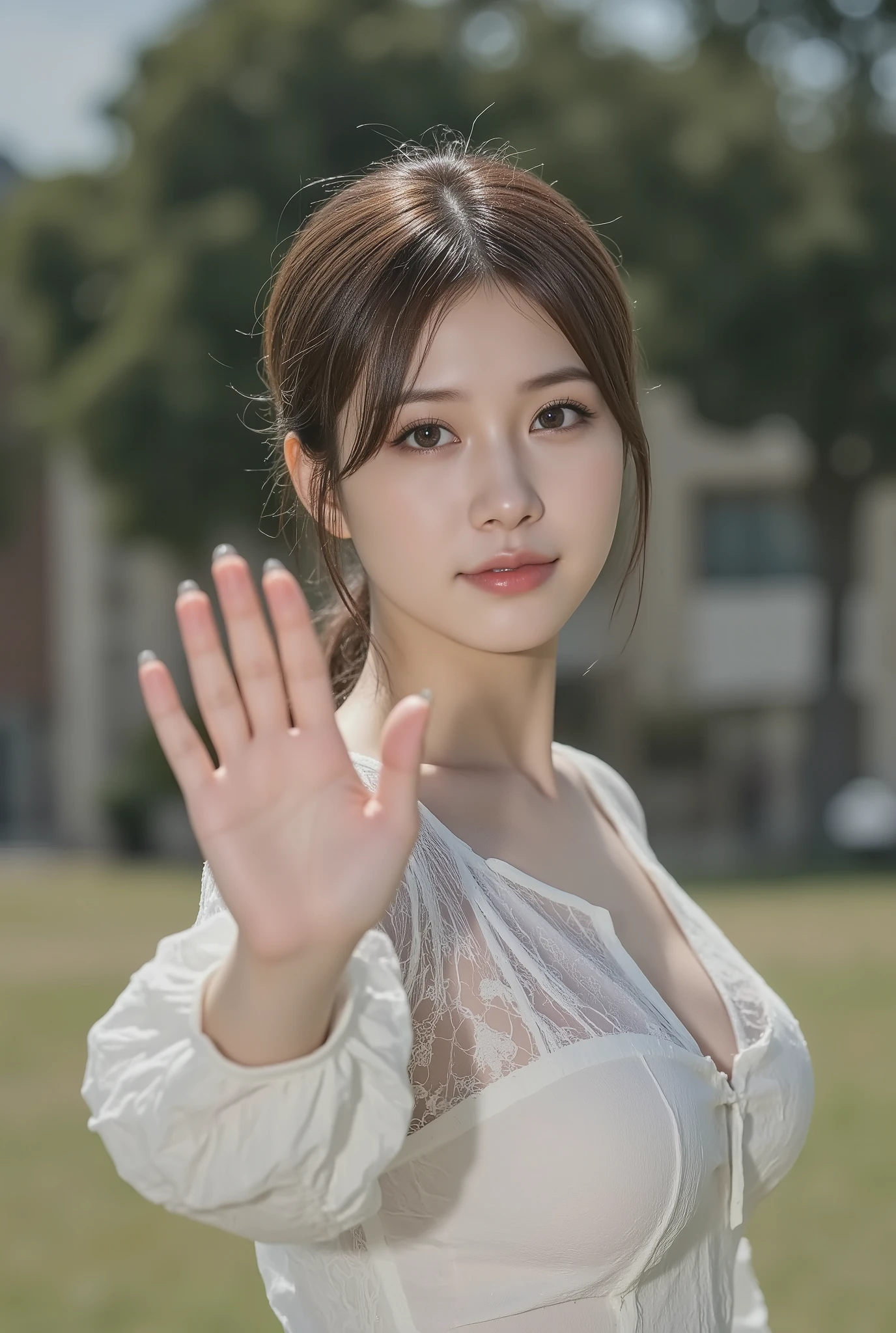 a woman with huge breasts1By people,((A woman with very beautiful hair)),((dark haired)),short hair in a hand basket,(have bangs),Realistic Portraits,Realism,Highest Quality,Masterpiece,Highest Quality,best image quality,highest resolution,fine detail, Beautifully Detailed Faces,dark eyes,realistic skin,accurate upper body,realistic skin,((squinting and smiling)),At the seaside where no one is there,in a late-night school classroom,wear large Kurobuchi glasses,((Observe your upper body up close and front)),(((collar))),((long sleeve)),show me face forward,facing the front,Elaborate Upper Body ,her arms are displayed correctly,(((wear large black-framed glasses on my face))), Navy blue tight skirt,(((Observe your upper body up close and front立っている))),super big boobs,Indoor,squint and smile,