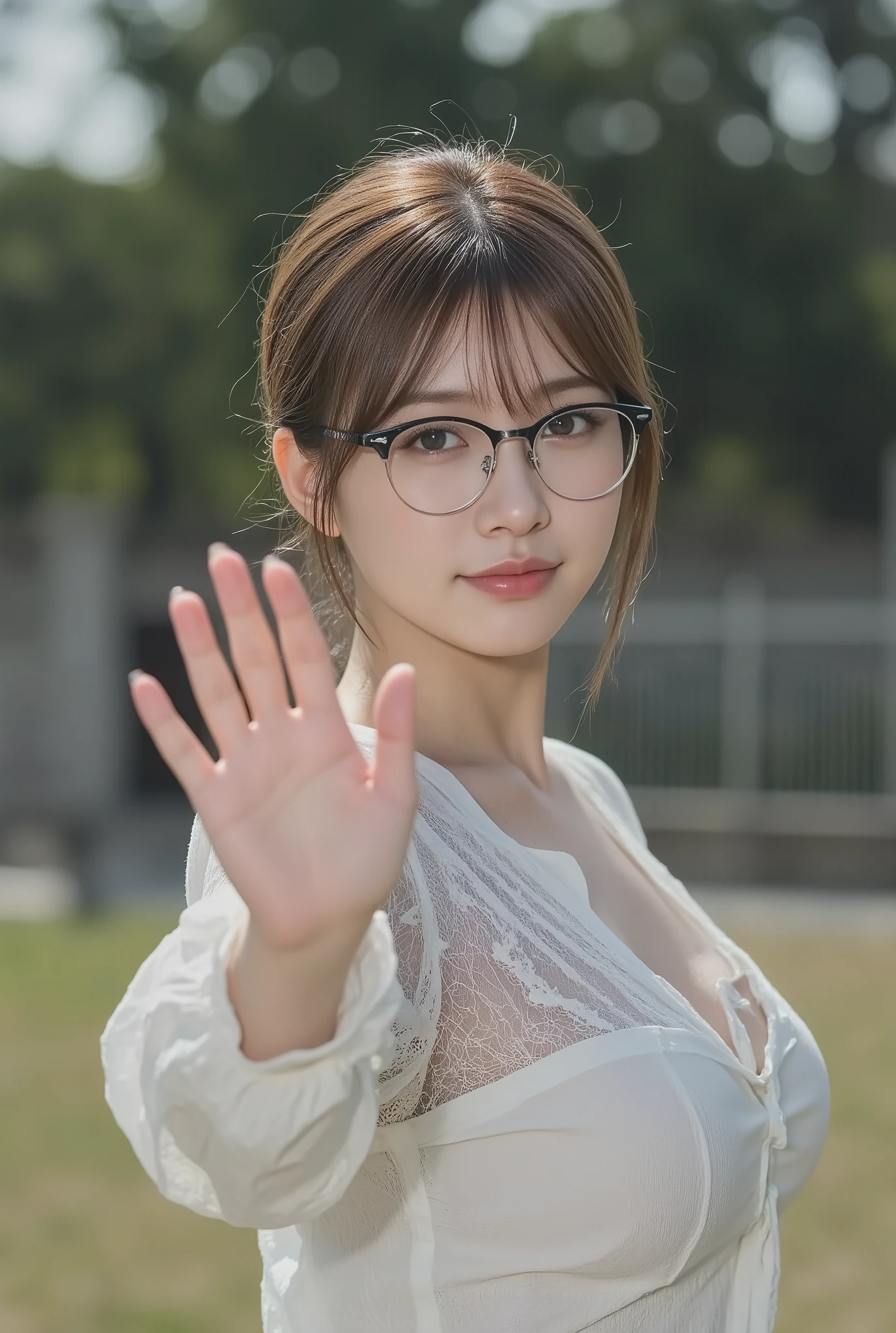 a woman with huge breasts1By people,((A woman with very beautiful hair)),((dark haired)),short hair in a hand basket,(have bangs),Realistic Portraits,Realism,Highest Quality,Masterpiece,Highest Quality,best image quality,highest resolution,fine detail, Beautifully Detailed Faces,dark eyes,realistic skin,accurate upper body,realistic skin,((squinting and smiling)),At the seaside where no one is there,in a late-night school classroom,wear large Kurobuchi glasses,((Observe your upper body up close and front)),(((collar))),((long sleeve)),show me face forward,facing the front,Elaborate Upper Body ,her arms are displayed correctly,(((wear large black-framed glasses on my face))), Navy blue tight skirt,(((Observe your upper body up close and front立っている))),super big boobs,Indoor,squint and smile,