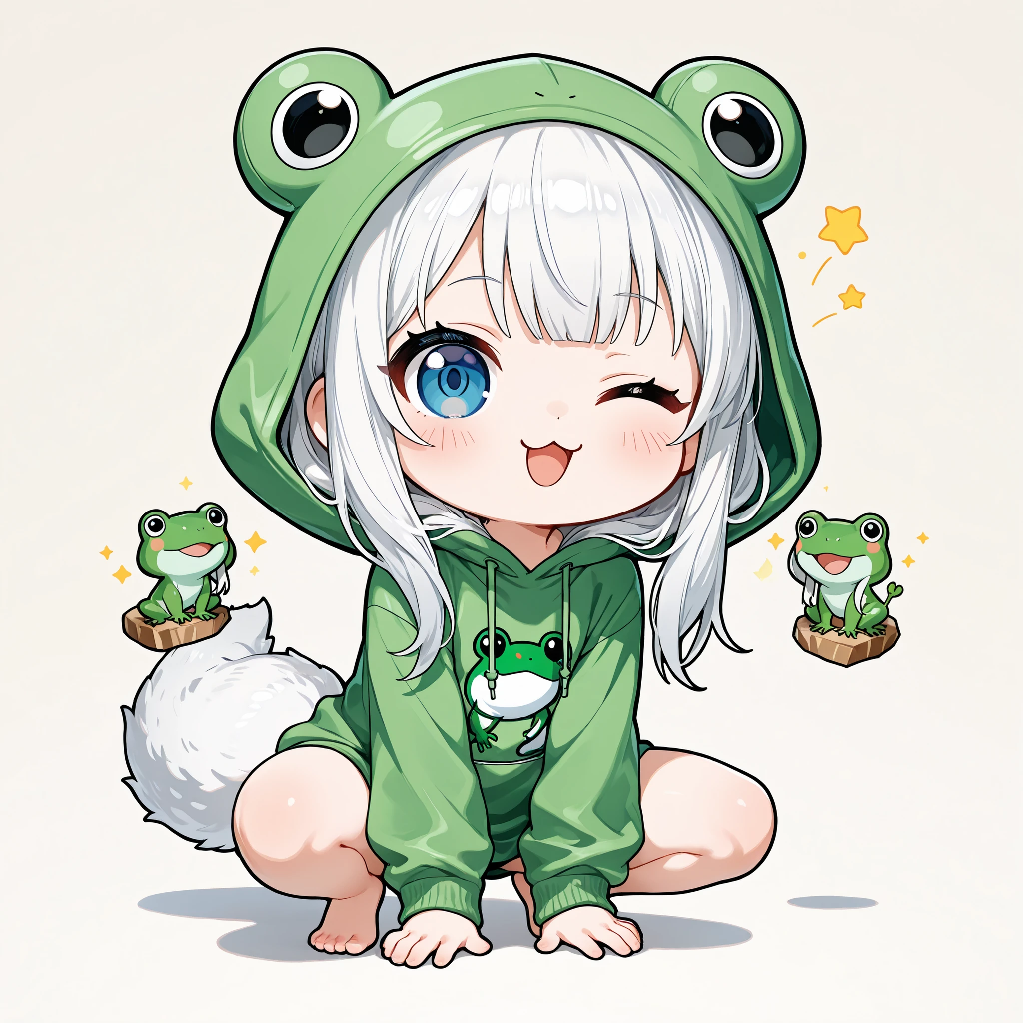 (masterpiece), (best quality), chibi, stylized, around 2.5 to 3 heads tall, small body, proportionally big head, official art style, thick outlines, clean lines, vibrant colors, cute, expressive,
1 (chibi girl),(solo),white hair,long hair,straight hair,blue eyes,baby face,cute,kawaii,white fox tail,frog feet,Thighs,
(:3),(open mouth-wide),one eye closed,blush,facing ahead,look at viewer,BREAK
Chibi character wearing a green frog hoodie, hood shaped like a frog head with big round eyes on top, soft fabric,and matching frog-style feet with webbed toes,hood up,
squatting,hands on floor,
simple background,
full body,from front,black outline,bold,