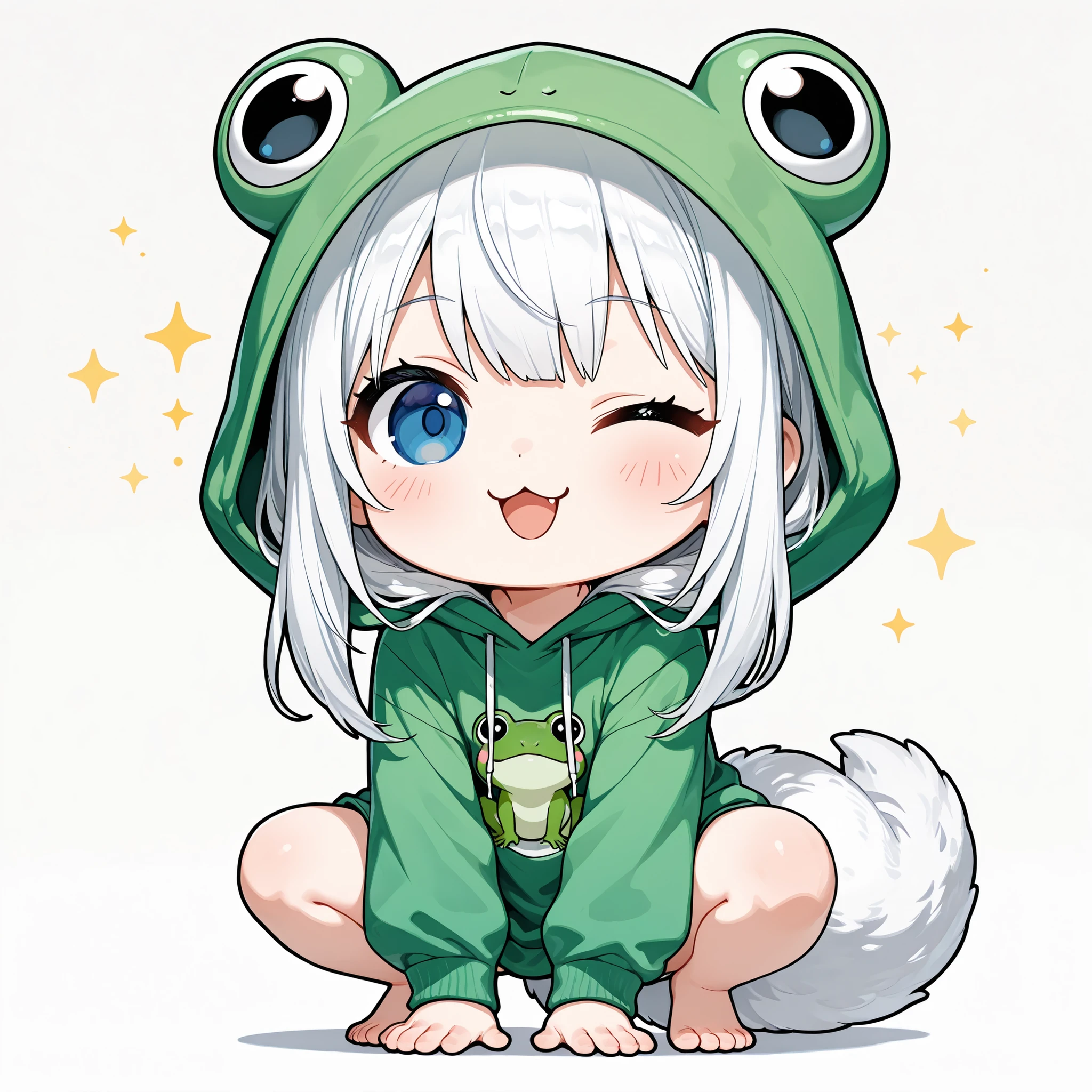 (masterpiece), (best quality), chibi, stylized, around 2.5 to 3 heads tall, small body, proportionally big head, official art style, thick outlines, clean lines, vibrant colors, cute, expressive,
1 (chibi girl),(solo),white hair,long hair,straight hair,blue eyes,baby face,cute,kawaii,white fox tail,frog feet,Thighs,
(:3),(open mouth-wide),one eye closed,blush,facing ahead,look at viewer,BREAK
Chibi character wearing a green frog hoodie, hood shaped like a frog head with big round eyes on top, soft fabric,and matching frog-style feet with webbed toes,hood up,
squatting,hands on floor,
simple background,
full body,from front,black outline,bold,