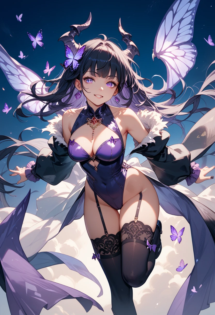 Woman with dark blue hair, butterfly wings, galaxy rainbow, leotard