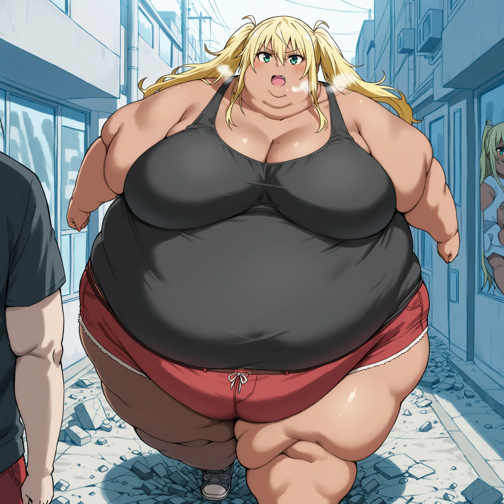 hibiki sakura, long hair, blonde hair, hair between eyes, twintails, green eyes, fang, dark skin, dark-skinned female, gyaru,shirt, cleavage, bare shoulders, collarbone, shorts, black shirt, short shorts, tank top, red shorts, black tank top, fat, chubby, obese,, large breasts open mouth, out of breath, hairy, pubic hair, walking, ground breaking underneath while walking