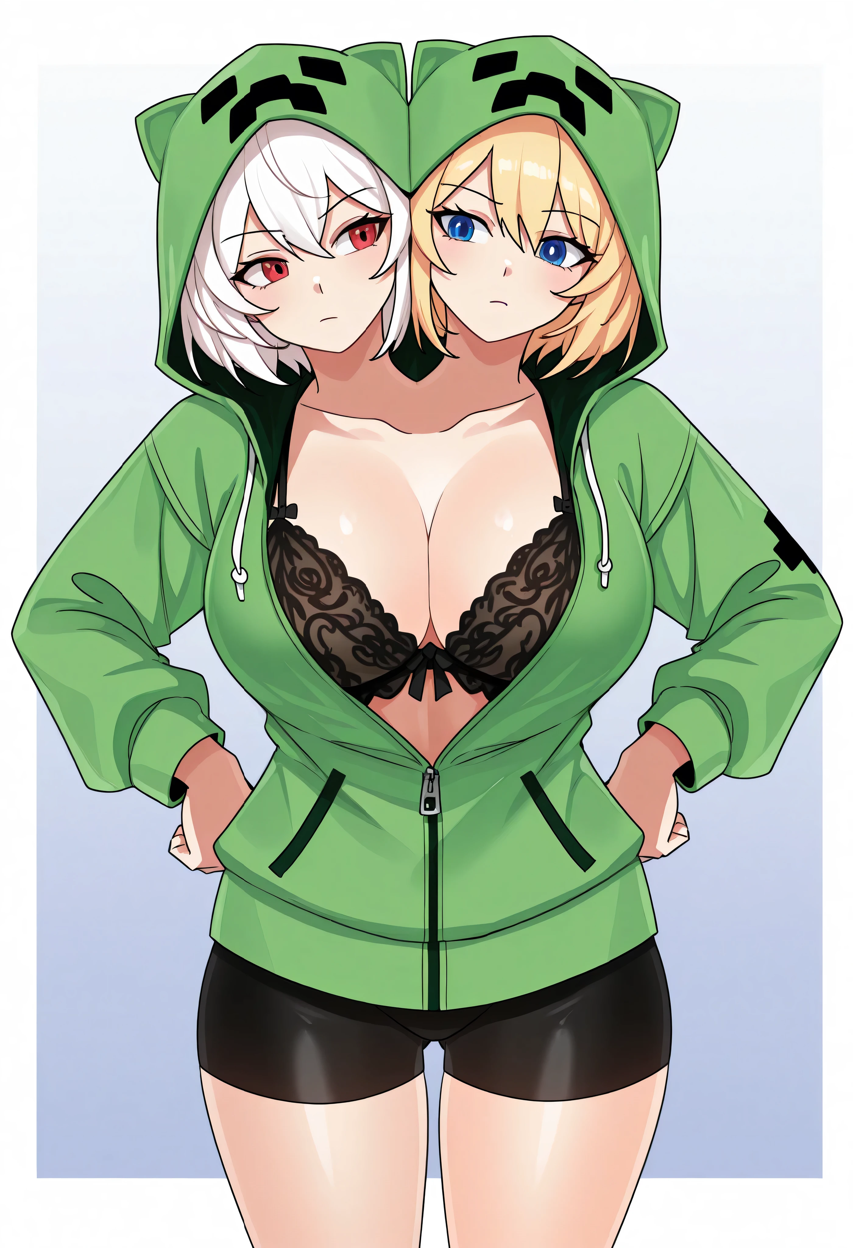 conjoined, 2girls, 2heads, two heads, a tall thin girls with 2 heads, MobTalker, creeper, blonde hair, white hair, blue eyes, red eyes, green hoodie zipper, black Bike shorts, large breasts, front shots, thighs, black lingerie,