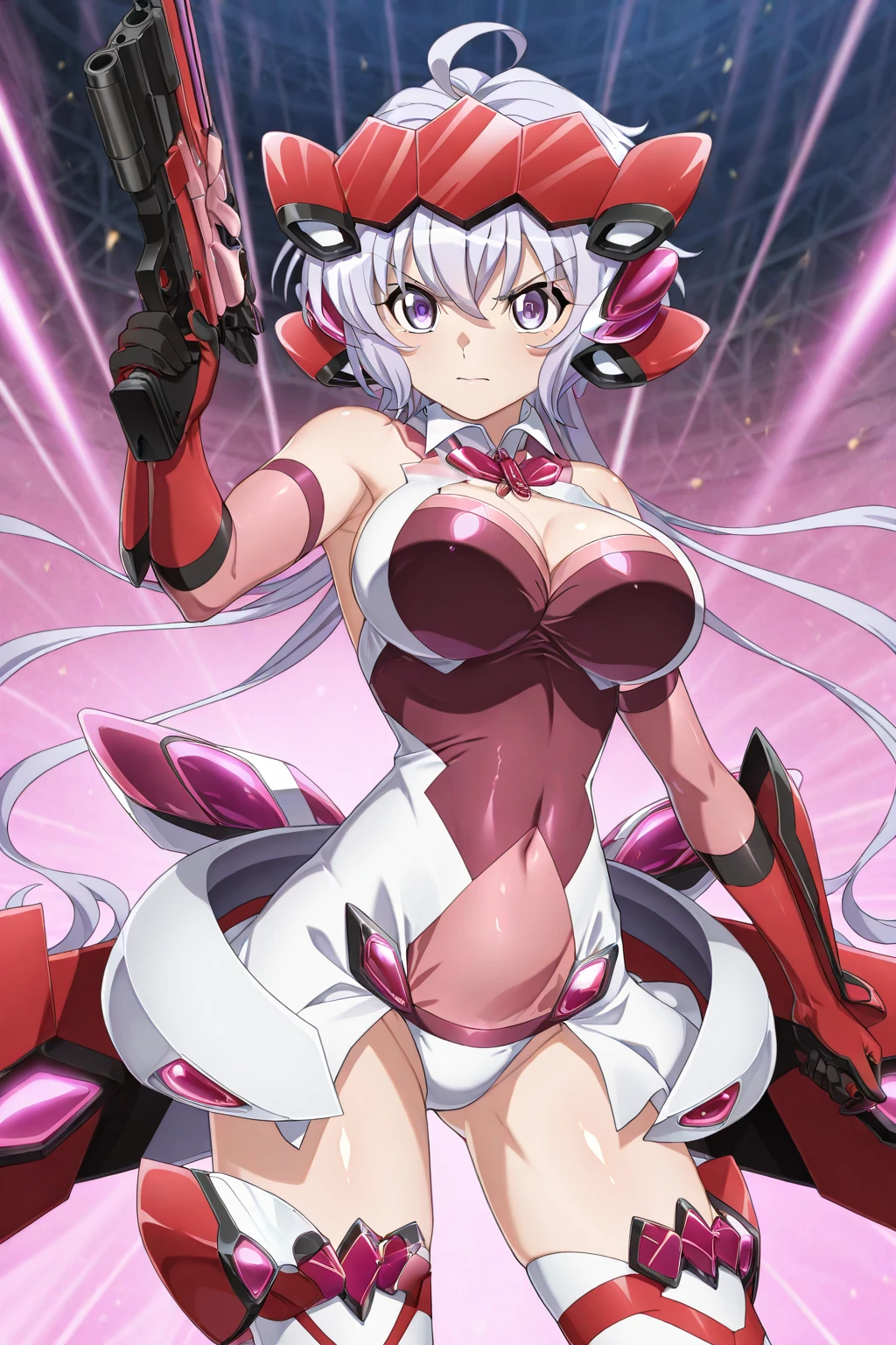 best quality, masterpiece, highres, solo, {yukine_chris_senkizesshousymphogear:1.15}, purple_eyes, long_hair, twintails, headgear, ahoge, breasts, 1girl, bare_shoulders, elbow_gloves, gloves, open_mouth, large_breasts, cleavage