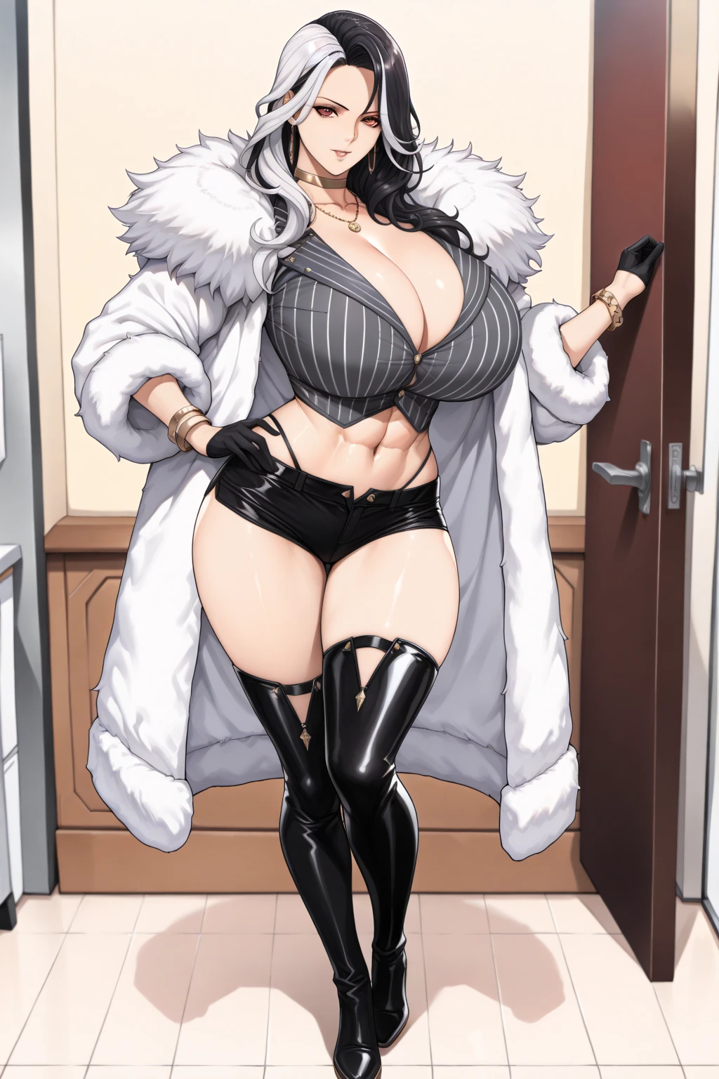 Score_9, score_8_up, score_7_up, adult, tall, 1futa, close up, light blue eyes, black eyeliner,  expression, lipstick, long straight hair, black hair, small waist, , tight fur trim coat, bustier, leather pants, bulge, long nails,  Nyantcha Style, source_anime, 