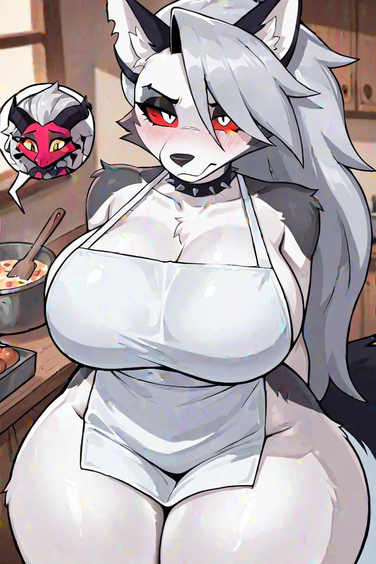 by darkgem, by mystikfox61, by bebebebebe, by sindoll, by cervina7, solo, female, mature female, older, late 40's, mom, mother, milf, chubby, ((hair, long snout)), narrow eyes, smirking, apron only, canine, wide ????, thick thighs