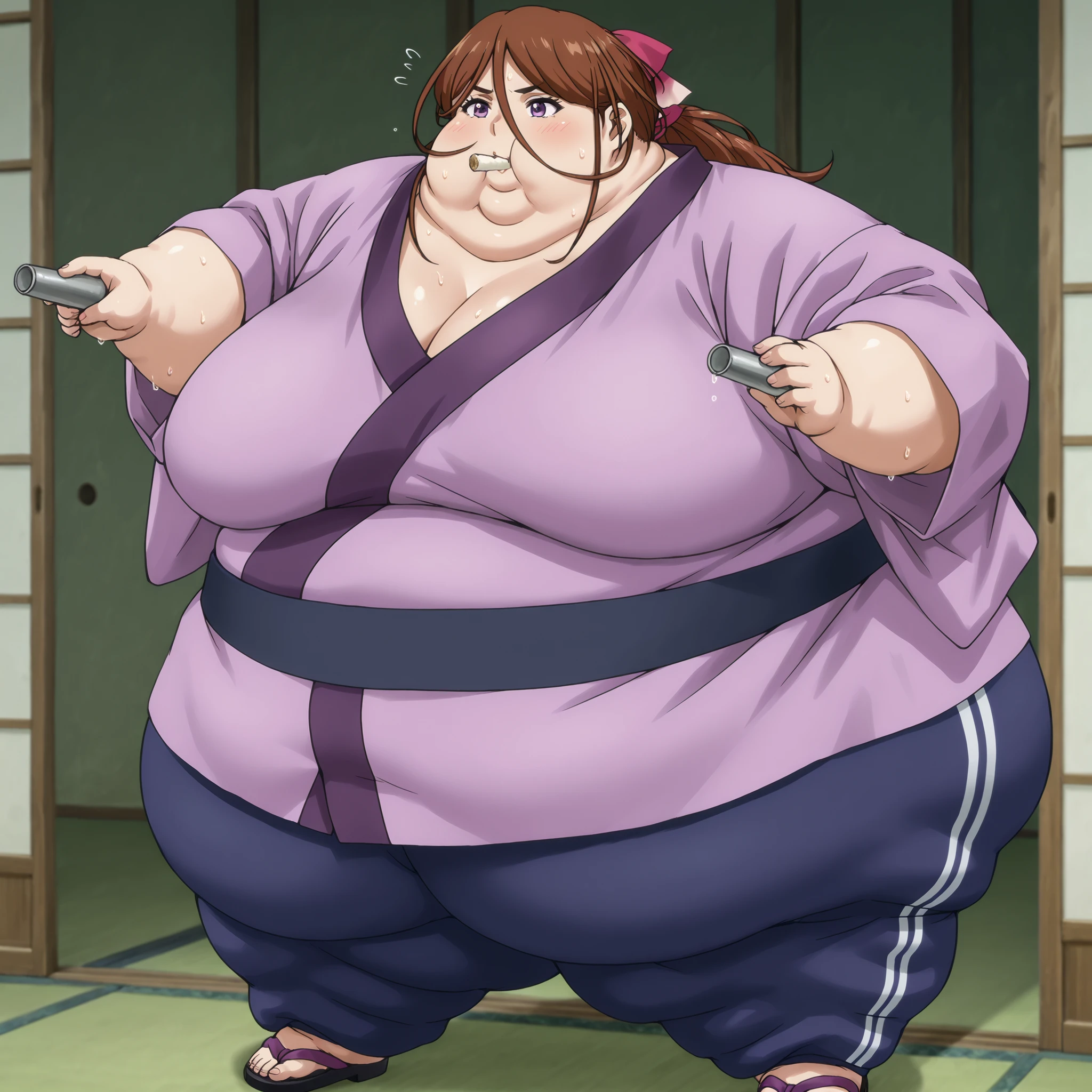 kenshinsatsuki, purple eyes, brown hair, hair between eyes, hair ribbon, long hair, ponytail BREAK
purple kimono, blue sweatpants, sandals, , fat, chubby, obese, gigantic arms and legs, large breasts, sweating, wet body, swollen face, Fat_neck , Fat head , eyes with crushed cheeks , nose with crushed cheeks , mouth with crushed cheeks , chin roll