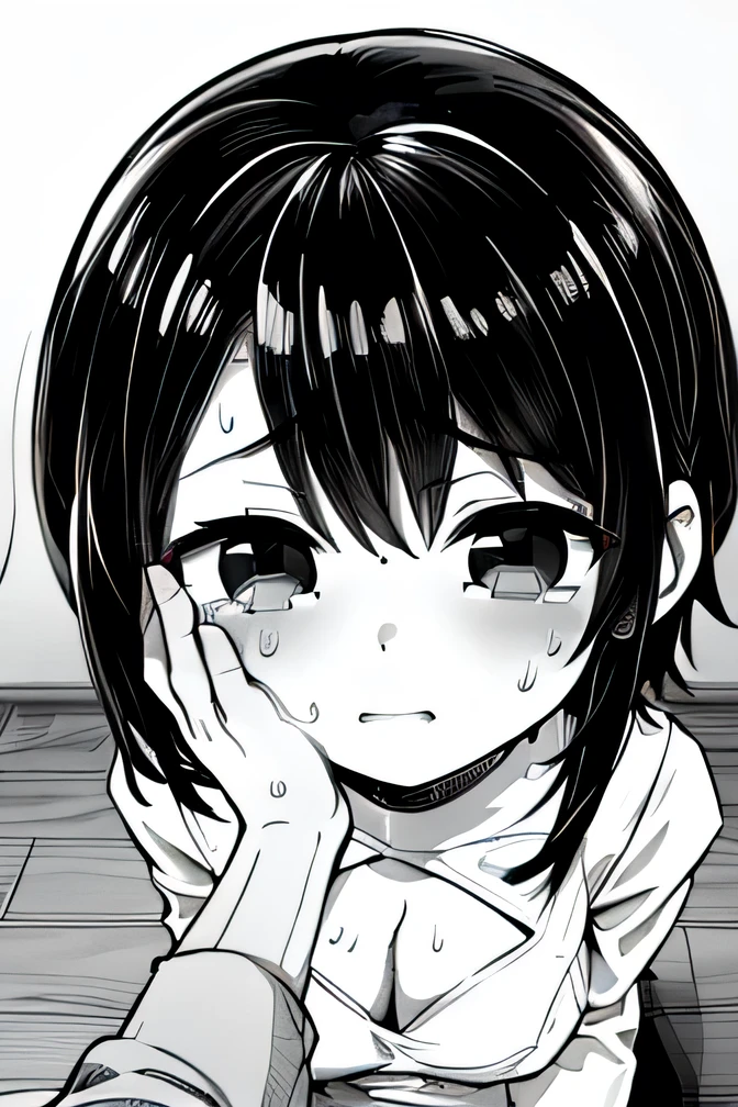 ((( Line art ))),((( monochrome:1.1))) ,ideal ratio body proportions,((pov hand on another's cheek)),1girl ,solo,iris , (dark eyes),( small eyes ),(Slanted Eyes) ,(((open eyes))),crying,(black hair),( short hair ),bangs ,closed mouth,(((short stature:1.2))),white long sleeve cotton shirts,(big breasts ), (disproportionate breasts) ,cleavage,cotton pants,(((panic))),embarrassed,(((kneeling))),(((sweat))),indoor ,in the house,kitchen ,angle from above,looking up at viewer,(face close up),