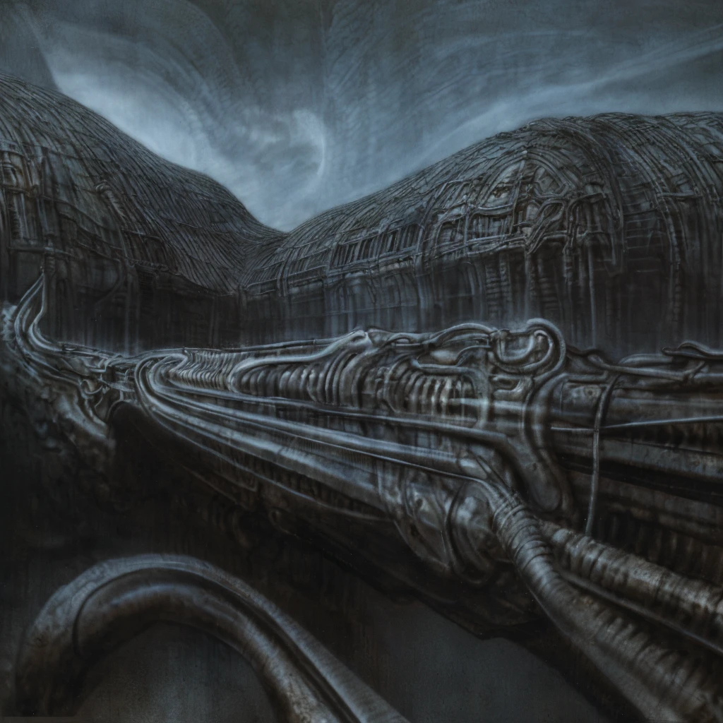g1g3r t4bl3 The image is a detailed view of H.R. Giger's Tableau \" Biomechanical Landscape No 312 \" plate.
 The image is a  photograph of a complex, abstract bone and ivory structure that resembles pipes and wires. The structure is composed of numerous pipes and wires intertwining and overlapping each other in a chaotic yet harmonious manner.
The style  is clearly biomechanical. Features combination of organic and mechanical forms. Mechanical elements dominate the background of composition, there are subtle organic hints. The use of undersaturated purple-grays dark contrasts creates a stark and graphic look. Is used a variety of linework techniques to create different textures. Fine, parallel lines create a smooth, metallic texture,while thicker, more cursive lines suggest cables or wires. The artwork is shiny and purplish brown, with an ivory bones prominently displayed. The image is highly detailed and intricate, almost like a 3d version of a medical diagram (detailed view of an  sketch, possibly of a humanoid body, with  organs and bones ). The piece has a thick mechano-organic texture and is covered in fine details. The image has a swirling, organic quality to it. The artistic manner would be unmistakably Gigeresque. A dark and unsettling beauty would permeate the piece, blurring the lines between fascination and repulsion , forever haunted by the grotesque allure. Giger's signature artistic manner would be evident in every stroke. The airbrush would be wielded with masterful precision to create a hyperrealistic yet yet nightmarish aesthetic.
 The texture of ivory with signs of burning and fossilization can be seen in the mix of smooth and rough brushstrokes. By Peter mohrbacher
