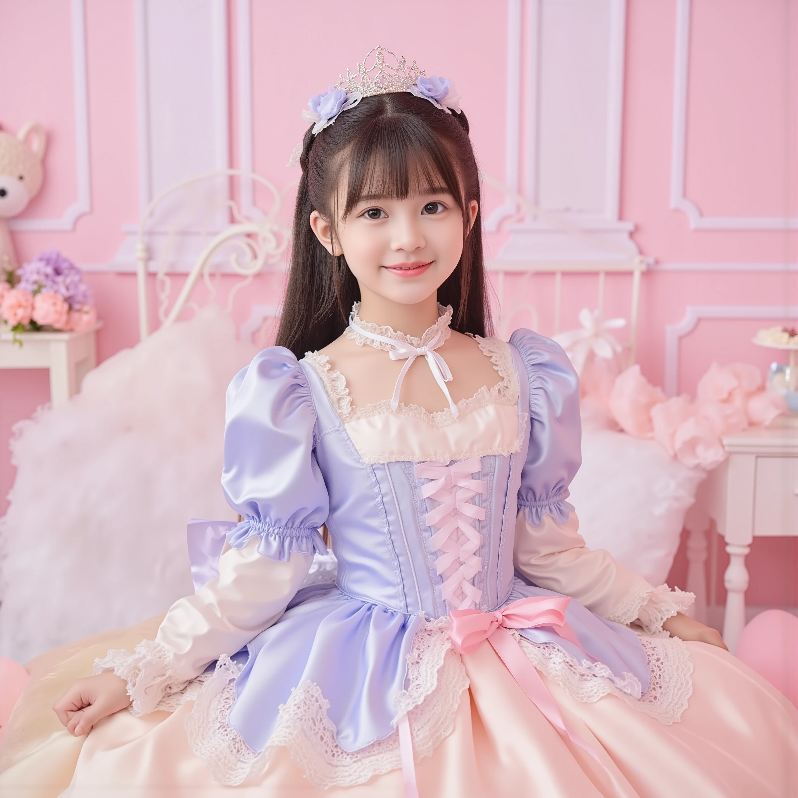 The princess's girl,((10 year old little girl)),,Small Faces,((Full Body:1.0)),long hair,Large Ball Gown Dress in Pastel Colors,Large hoop skirt ,((long sleeve)),puff sleeve,ruffle sleeve,Ruffle Yoke Collar,large yoke collar,lace up corset with ribbon,princess tiara to wear on the back of the head,cute dress decorated with ruffles and bows,Soft and Smooth Silk Satin Fabric,in a lovely space