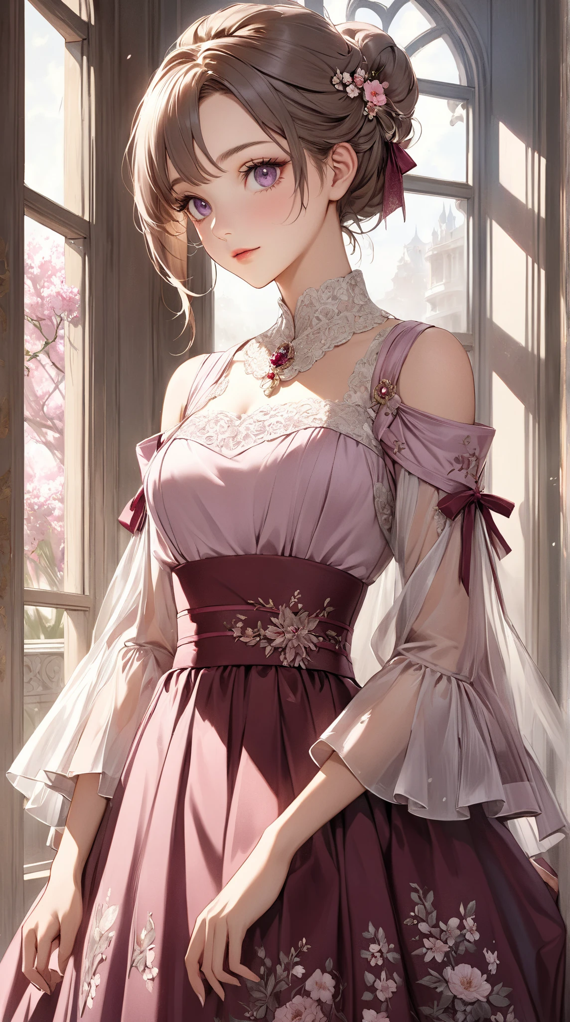 A girl, small breast. She wears a white shirt with a fuchsia ribbon, a short fuchsia skirt. Background a castle