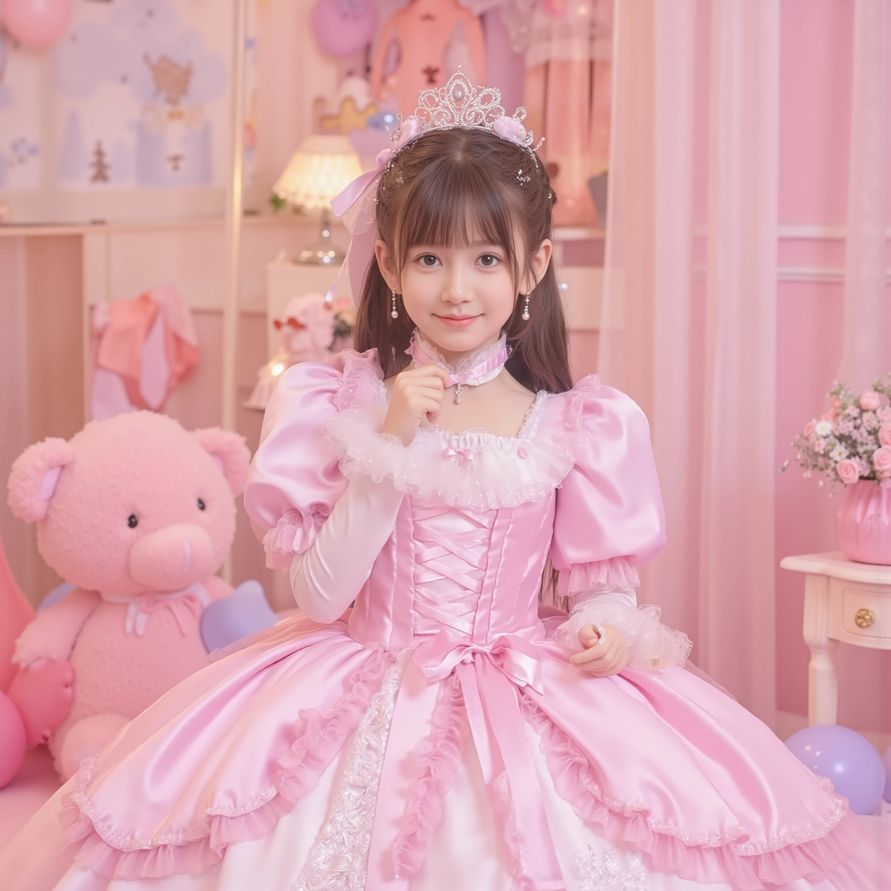 The princess's girl,((10 year old little girl)),,Small Faces,((Full Body:1.0)),long hair,Large Ball Gown Dress in Pastel Colors,Large hoop skirt ,((long sleeve)),puff sleeve,ruffle sleeve,Ruffle Yoke Collar,large yoke collar,lace up corset with ribbon,princess tiara to wear on the back of the head,cute dress decorated with ruffles and bows,Soft and Smooth Silk Satin Fabric,in a lovely space