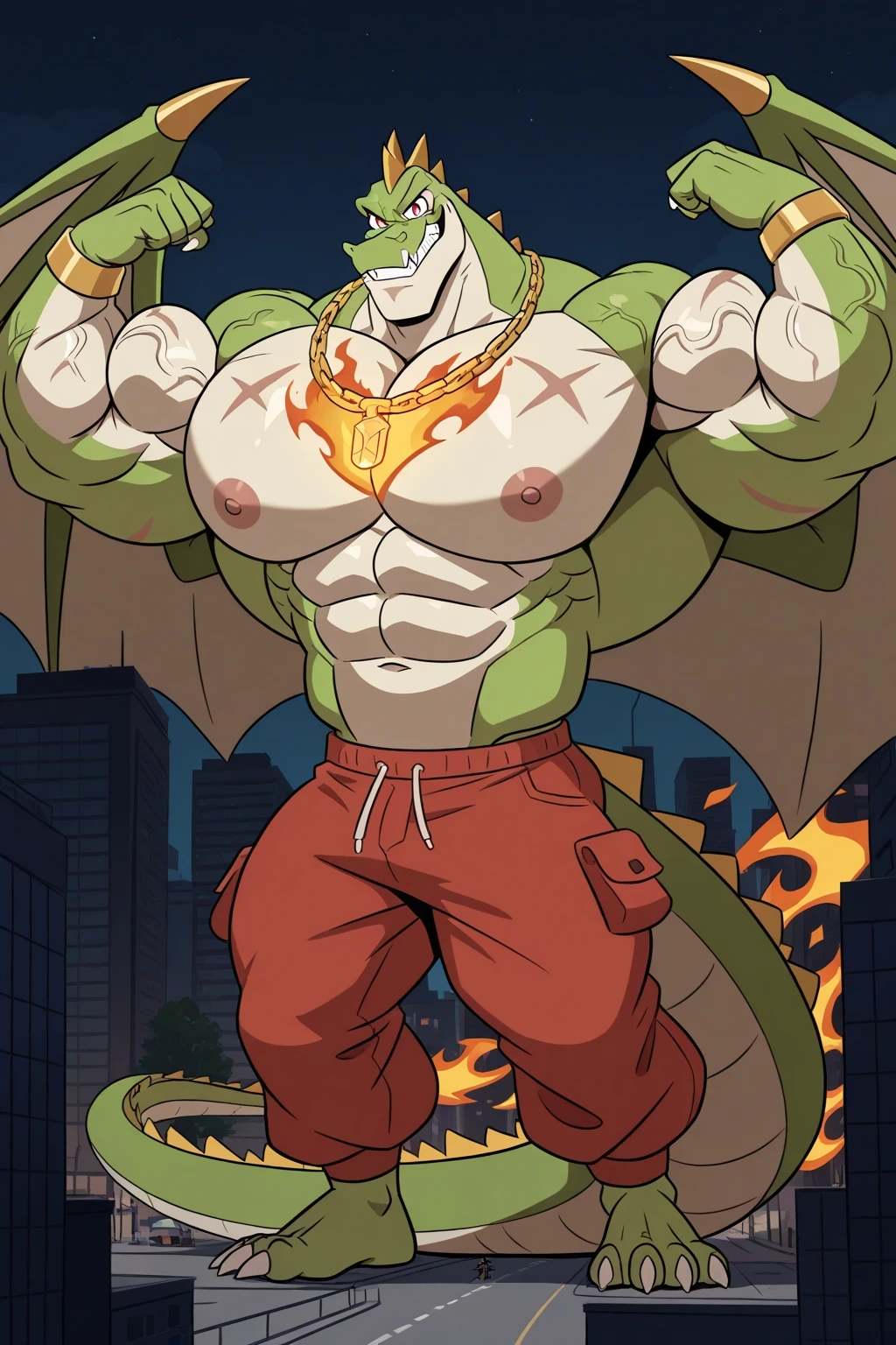 A Green Giant Max the crocodile as a weredragon, furry, (anthro), male, red eyes, looking at viewer, 2 biggest dragon wings ginomous biceps, enormous pectorals, detailed abs, muscular body, flexing his powerful muscles pose, bouncing pecs, muscular abs, (giant adult dragon), wearing red underpants, long tail, standing, powerful smile, sharp teeths, sharp claws, solo, 1 boy, saturaded colors, giant size, macro size, scars, veins, tattoos, golden bracelets, golden necklaces, scar on his eye, 50-foot size, 100 feet tall, giant monster kaiju, urban city destroy background, buildings on fire and collapsing, night sky background giant footprints on the street.