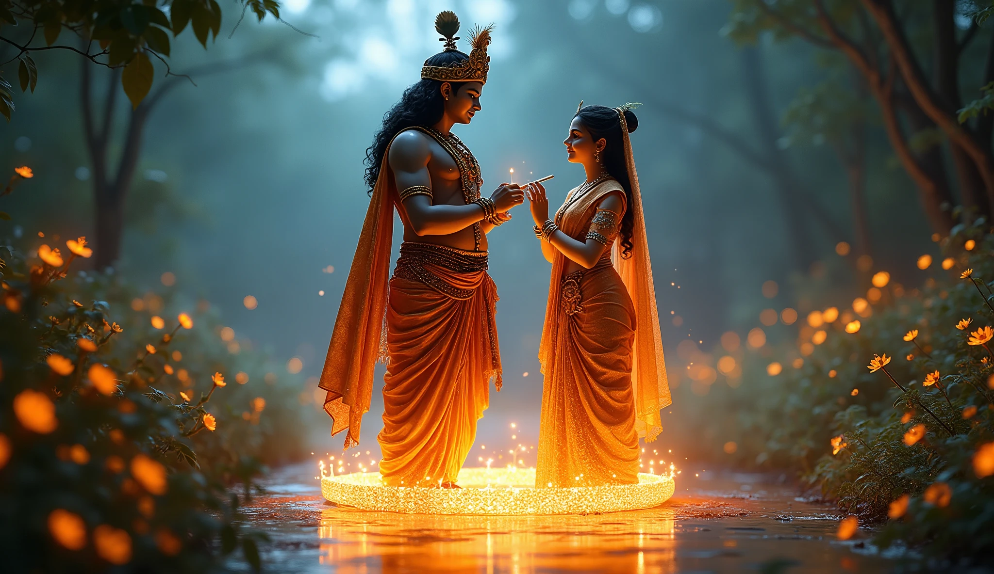 3d image, cinematic view god Krishna and Radha standing a god Krishna flute in hand and Radha in saree posed on a magical glass moon, she wearing wears a glowing bioluminescent dress ancient Indian dress and ancient dress are glowing with golden neon light sparking glittering ((full body shot, no cropping)), in peacok near both of them jungle beautiful flowers background: 3d image, cinematic looks