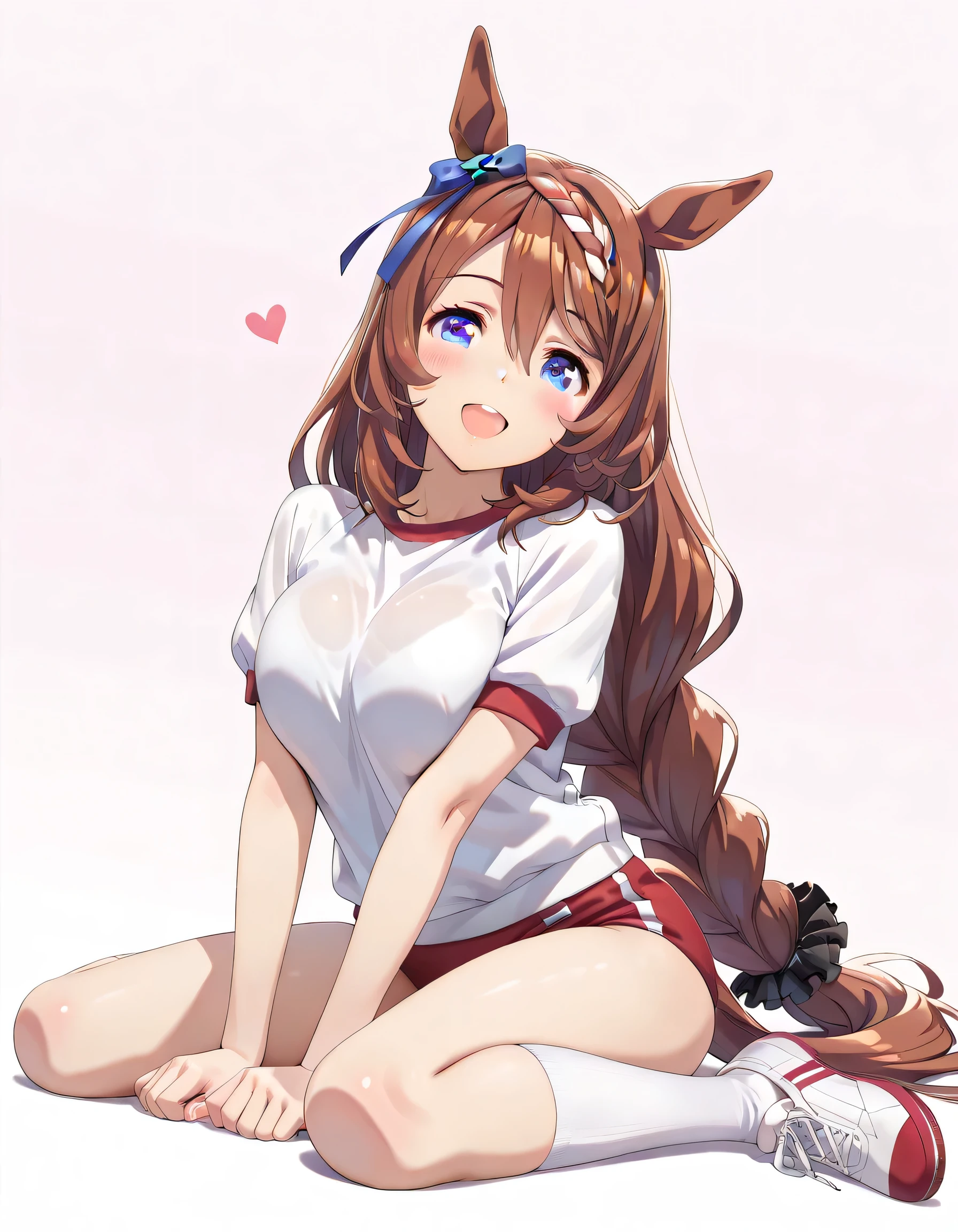 ((ultra-detailed)), (highly detailed CG illustration), (best quality:1.3), ultra-highly detailed, colorful composition, artistic photoshoot, 1girl, solo, moe anime character, Anime-style, harmonious color palette, dainty facial structure, round face, rounded chin:1.2, short stature, super creek \(umamusume\),
horse ears,horse girl,horse tail,long hair,brown hair,blue eyes,very long hair,hair between eyes,bangs,braided ponytail, white gym uniform with red rim:1.3, red school gym buruma, smile:1.3, happy:1.3, joyful:1.3, blush:1.3, open mouth, flowing hair in the wind, sitting, wariza:1.3, turn around:1.3, from behind:1.4, angled angle, butt focus:1.2, looking viewer, full body shot, sidelighting, (no background:1.4), depth of field, dynamic pose, contrapposto pose, best quality, masterpiece, cinematic lighting, 8K resolution, portrait, depth of field, caustics, ray tracing, perfect face, lustrous skin, highly detailed face, highly detailed eyes, perfect nose, perfect hair, beautiful hair, beautiful detailed eyes, beautiful small face, extremely detailed face, beautiful clavicle, beautiful body, cleavage, breasts squeezed together, beautiful thin thighs, beautiful legs, beautiful fingers, 4 fingers, 1 thumb, lovely, pastel colors palette, kawaii aesthetic, intricate details, girly atmosphere, chromatic aberration