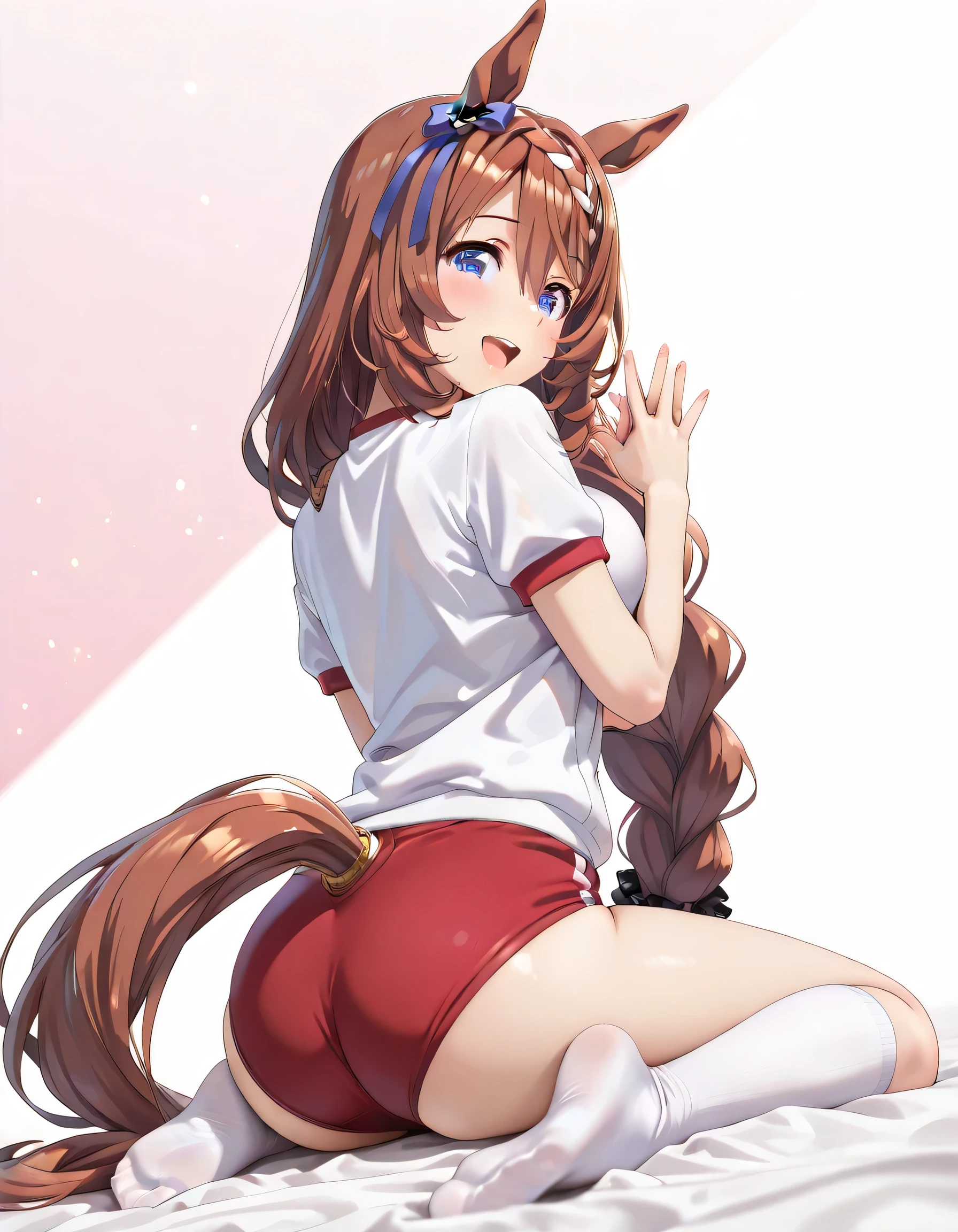 ((ultra-detailed)), (highly detailed CG illustration), (best quality:1.3), ultra-highly detailed, colorful composition, artistic photoshoot, 1girl, solo, moe anime character, Anime-style, harmonious color palette, dainty facial structure, round face, rounded chin:1.2, short stature, super creek \(umamusume\),
horse ears,horse girl,horse tail,long hair,brown hair,blue eyes,very long hair,hair between eyes,bangs,braided ponytail, white gym uniform with red rim:1.3, red school gym buruma, smile:1.3, happy:1.3, joyful:1.3, blush:1.3, open mouth, flowing hair in the wind, sitting, wariza:1.3, turn around:1.3, from behind:1.4, angled angle, butt focus:1.2, looking viewer, full body shot, sidelighting, (no background:1.4), depth of field, dynamic pose, contrapposto pose, best quality, masterpiece, cinematic lighting, 8K resolution, portrait, depth of field, caustics, ray tracing, perfect face, lustrous skin, highly detailed face, highly detailed eyes, perfect nose, perfect hair, beautiful hair, beautiful detailed eyes, beautiful small face, extremely detailed face, beautiful clavicle, beautiful body, cleavage, breasts squeezed together, beautiful thin thighs, beautiful legs, beautiful fingers, 4 fingers, 1 thumb, lovely, pastel colors palette, kawaii aesthetic, intricate details, girly atmosphere, chromatic aberration