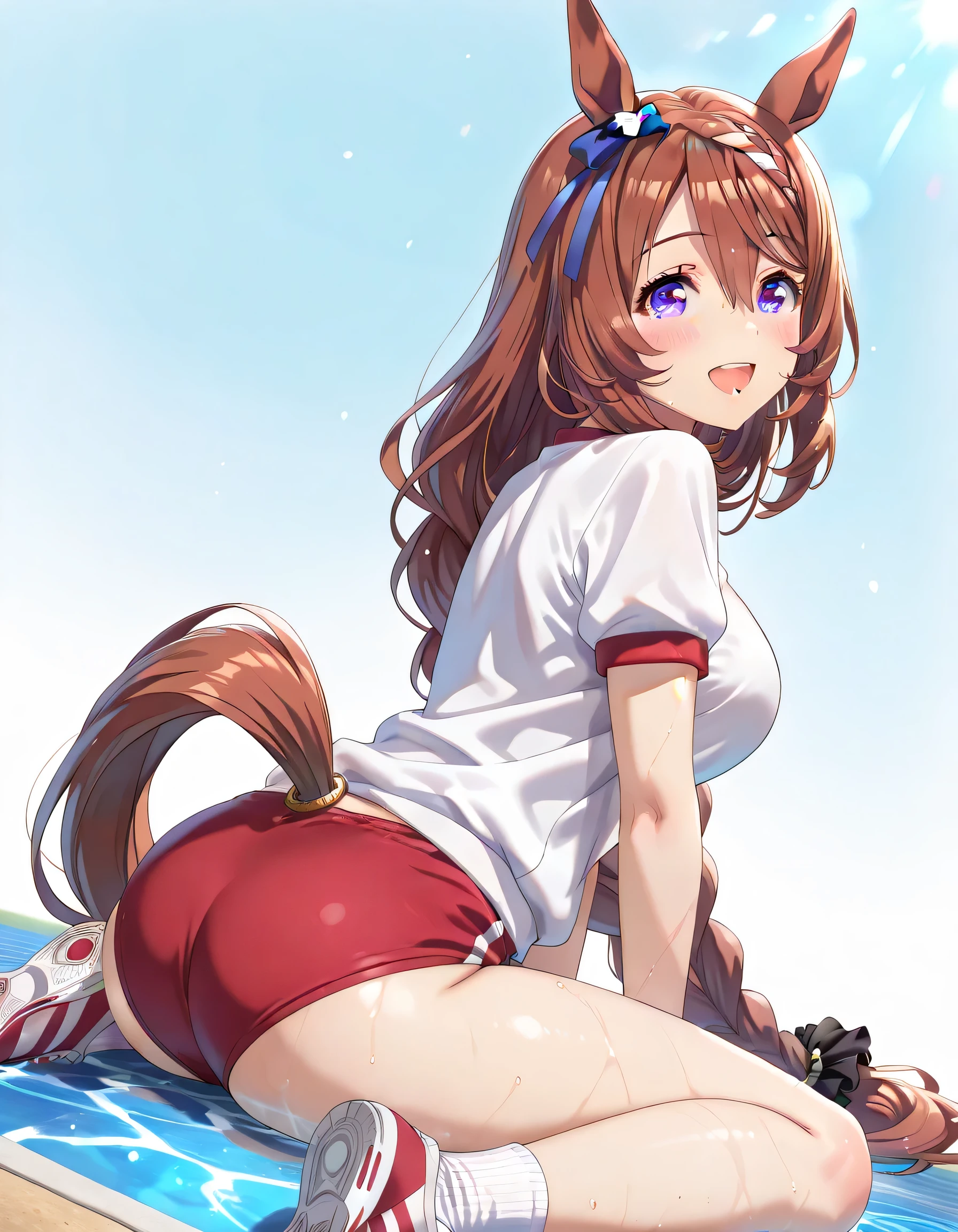 ((ultra-detailed)), (highly detailed CG illustration), (best quality:1.3), ultra-highly detailed, colorful composition, artistic photoshoot, 1girl, solo, moe anime character, Anime-style, harmonious color palette, dainty facial structure, round face, rounded chin:1.2, short stature, super creek \(umamusume\),
horse ears,horse girl,horse tail,long hair,brown hair,blue eyes,very long hair,hair between eyes,bangs,braided ponytail, white gym uniform with red rim:1.3, red school gym buruma, smile:1.3, happy:1.3, joyful:1.3, blush:1.3, open mouth, flowing hair in the wind, sitting, wariza:1.3, turn around:1.3, from behind:1.4, angled angle, butt focus:1.2, looking viewer, full body shot, sidelighting, (no background:1.4),  depth of field, dynamic pose, contrapposto pose, best quality, masterpiece, cinematic lighting, 8K resolution, portrait, depth of field, caustics, ray tracing, perfect face, lustrous skin, highly detailed face, highly detailed eyes, perfect nose, perfect hair, beautiful hair, beautiful detailed eyes, beautiful small face, extremely detailed face, beautiful clavicle, beautiful body, cleavage, breasts squeezed together, beautiful thin thighs, beautiful legs, beautiful fingers, 4 fingers, 1 thumb, lovely, pastel colors palette, kawaii aesthetic, intricate details, girly atmosphere, chromatic aberration