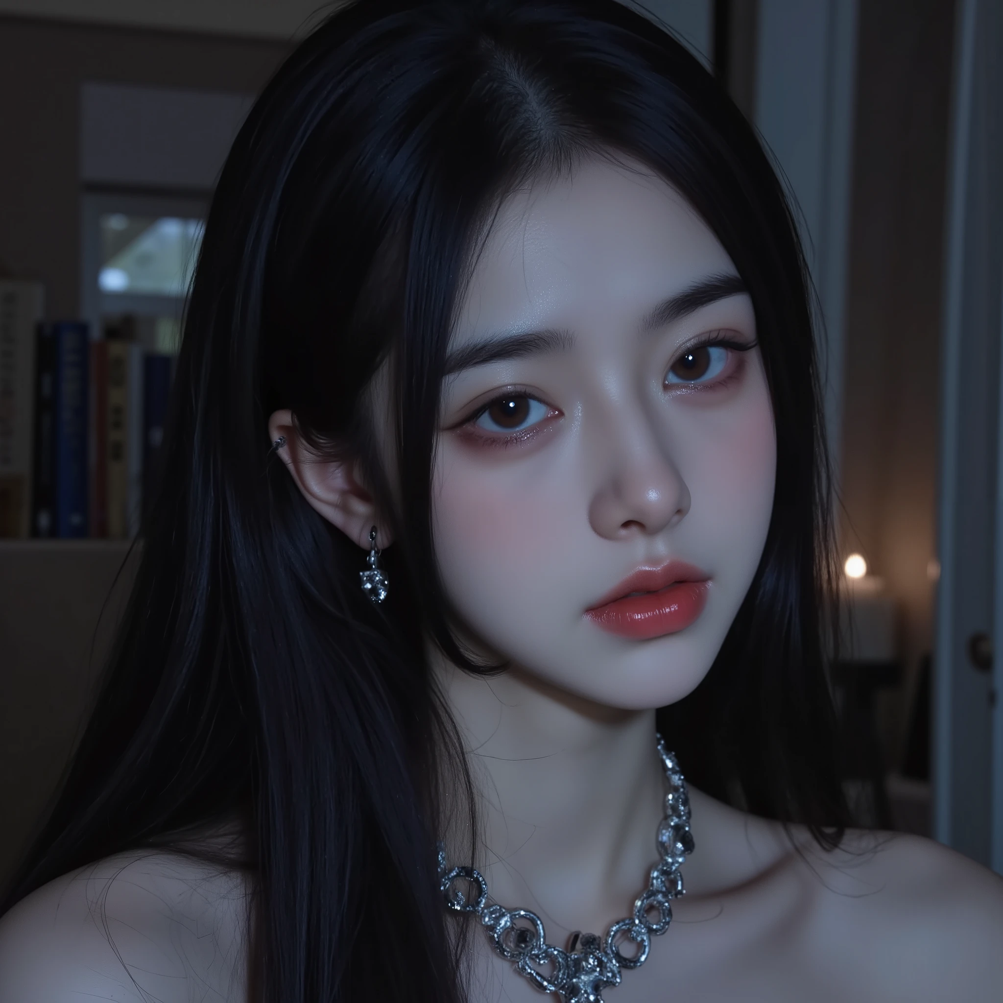 (highy detailed,8K,realisticlying,meticuloso,Real Human)The Dark Temperament Queen exudes a cold charm,She has a face that is hard to ignore。Thick slender black hair draped over his shoulders,Exudes a touch of mystery。Her eyes were deep and sharp,Like stars at night,It reveals an incomprehensible force。Her high nose and slightly raised lips outline the perfect proportions of her face,It gives a feeling of nobility and coldness。Her skin was as fair as snow,It's as if you've never seen the pure color of sunlight,A striking contrast to black hair。She is slim and charming,Like an elegant black swan。She wore a silver-white bandeau dress,The material of the dress sparkles,Cast a mysterious and glow in the darkness。The skirt extends downwards,Gently stroke the curves of her slender legs,Show off her attractive figure。She has an obsidian bracelet embedded in her wrist,Exudes mysterious energy。Every time she moves,The obsidian on the bracelet will emit a dark and dazzling light,It was as if connected to her soul。She wears a pair of high-heeled black leather boots,The exquisite design expresses her unique taste。Every step she took,It was as if the whole world was trembling for it,Her aura seemed capable of tearing through the darkness,Make a way for her to be alone。The Black Queen became the focus of attention with her highly detailed appearance,Every detail exudes a charm that cannot be ignored。Her icy exterior hides endless power,Let people have inexplicable awe and yearning for her。