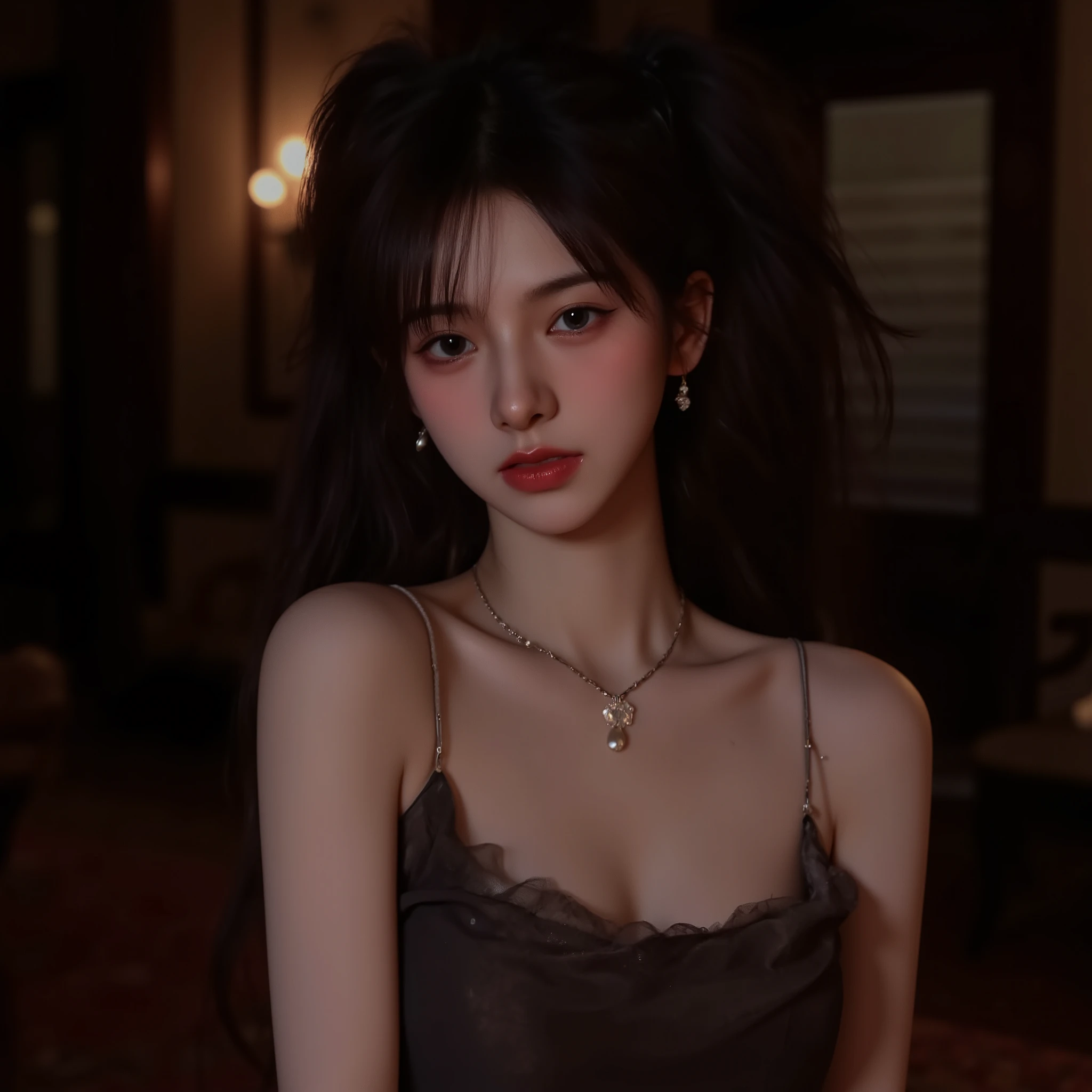 ( best quality :1.4),(masterpiece:1.4),( realistic:1.4),( realistic:1.2),(超 high resolution, RAW photos :1.4),( high resolution, super detailed :1.2),(8k:1.2), Audience , cinematic pictures , 1 woman, is skeletal correct, dark-haired woman, female in her early 20s,(Small earrings, necklace,glamorous party dresses),(Western-style building interior, dim room, lamp light illuminates cheeks by exposing shoulders)
