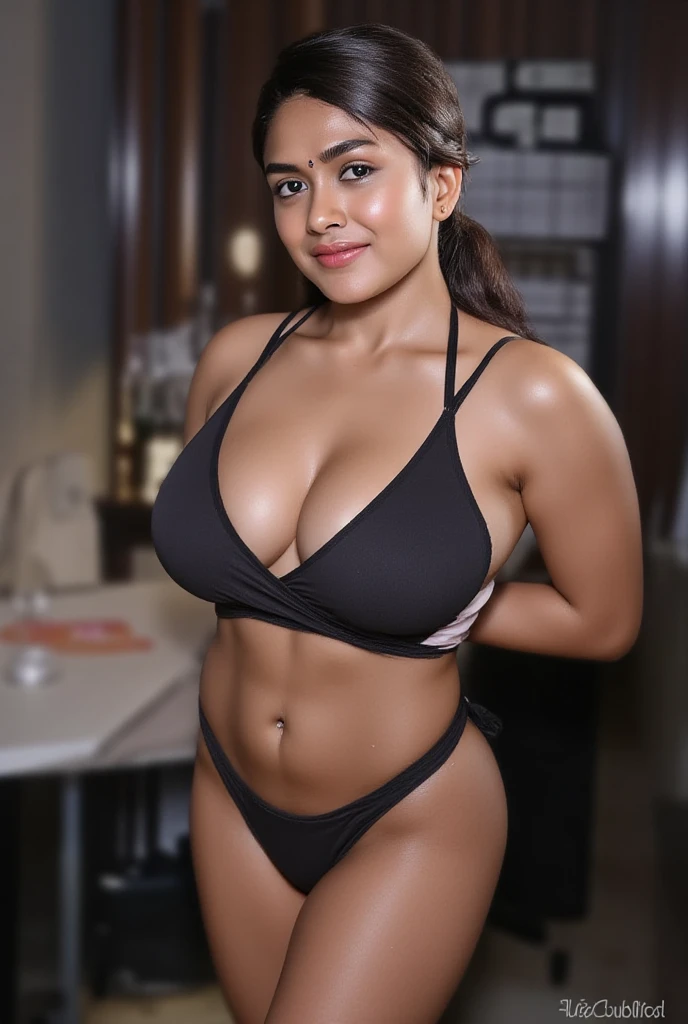Young Indian woman, ultra realistic, standing in office, office full with men, wearing only bikini, everyone looking at her closely 