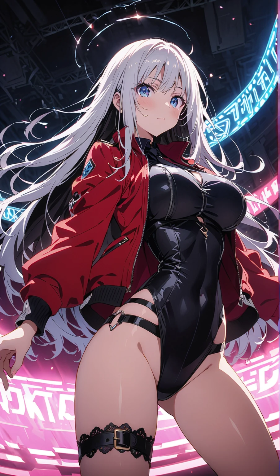 1girl, ?????????????, wide ????, white hair, long hair, red eyes, serious, twintails, ??????, black ??????, v-string, shoes, sneakers, neon, neon trim, ((neon trim)), futuristic, tech, machinery, science-fiction, from above, full body