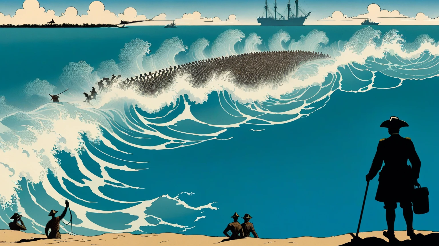 there is a painting of a ship in the middle of a body of water, kazuo umezu art,  monstro em terra, rising from the ocean, Sea monster, Sea monster, terror lovecraftiano!