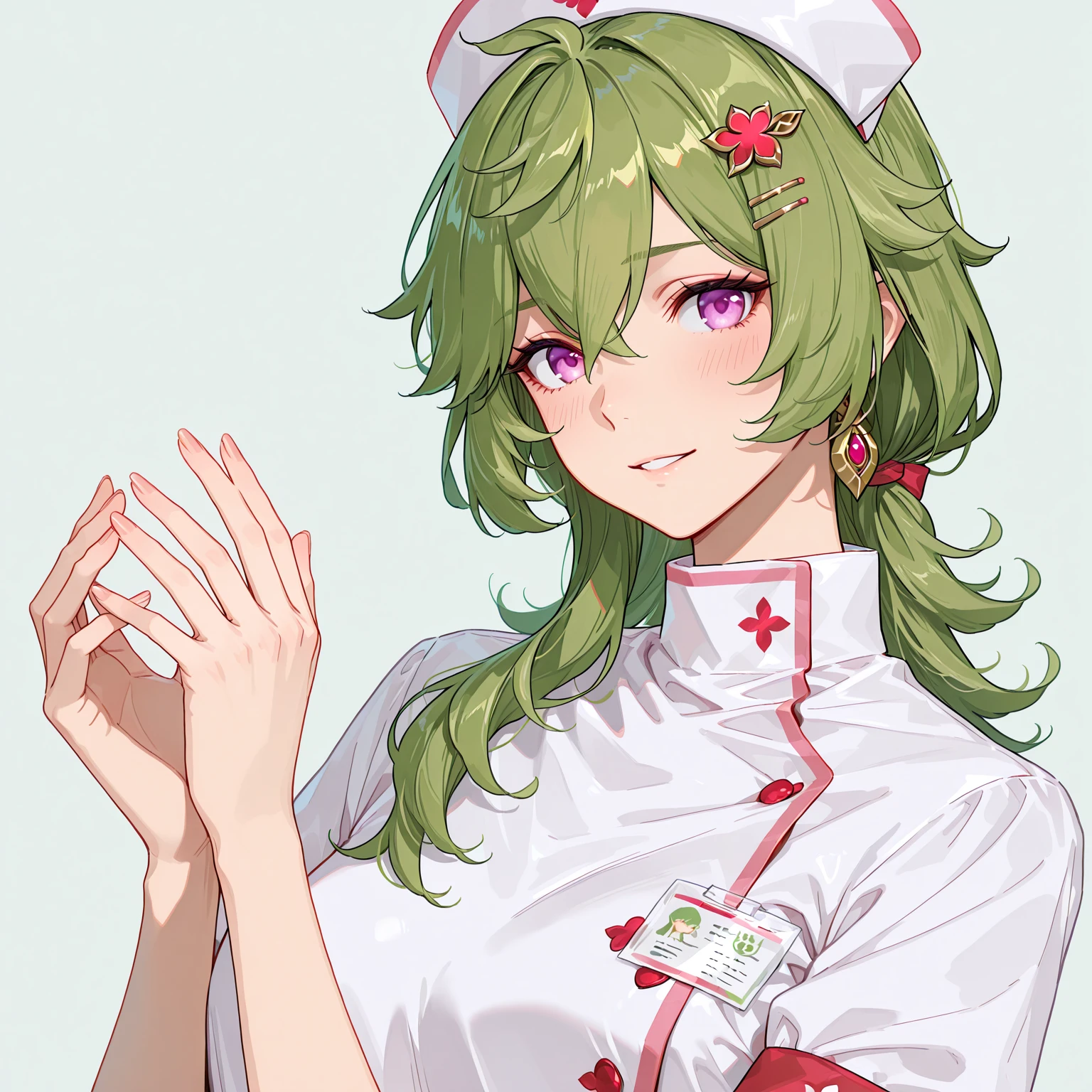 1woman, solo, nurse, white nurse cap, white nurse uniform, ((white legwear, zettai ryouiki)), white gloves, forehead, long hair, green hair, pink eyes, pink lips, smile, standing, ((hospital room)), sharp outline, short sleeves, mature female, 35 years old, best quality, masterpiece