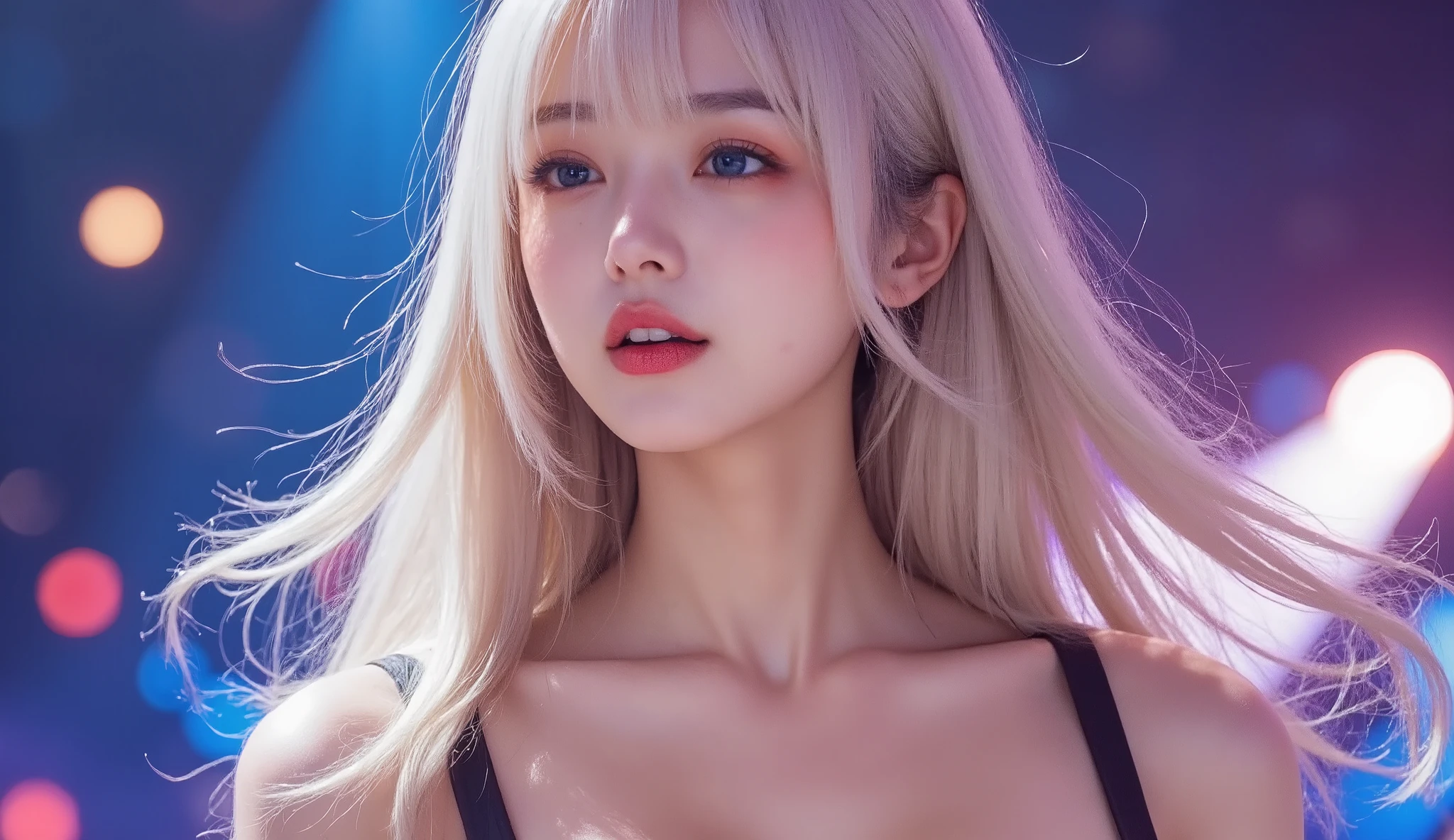 Korean make up ,blonde long shiny straight hair , black red dresss , pale skin , glowing make up  , on stage, concert lights , concert outfit , ผมพริ้วไหว , western make up , no bangs , blonde hair