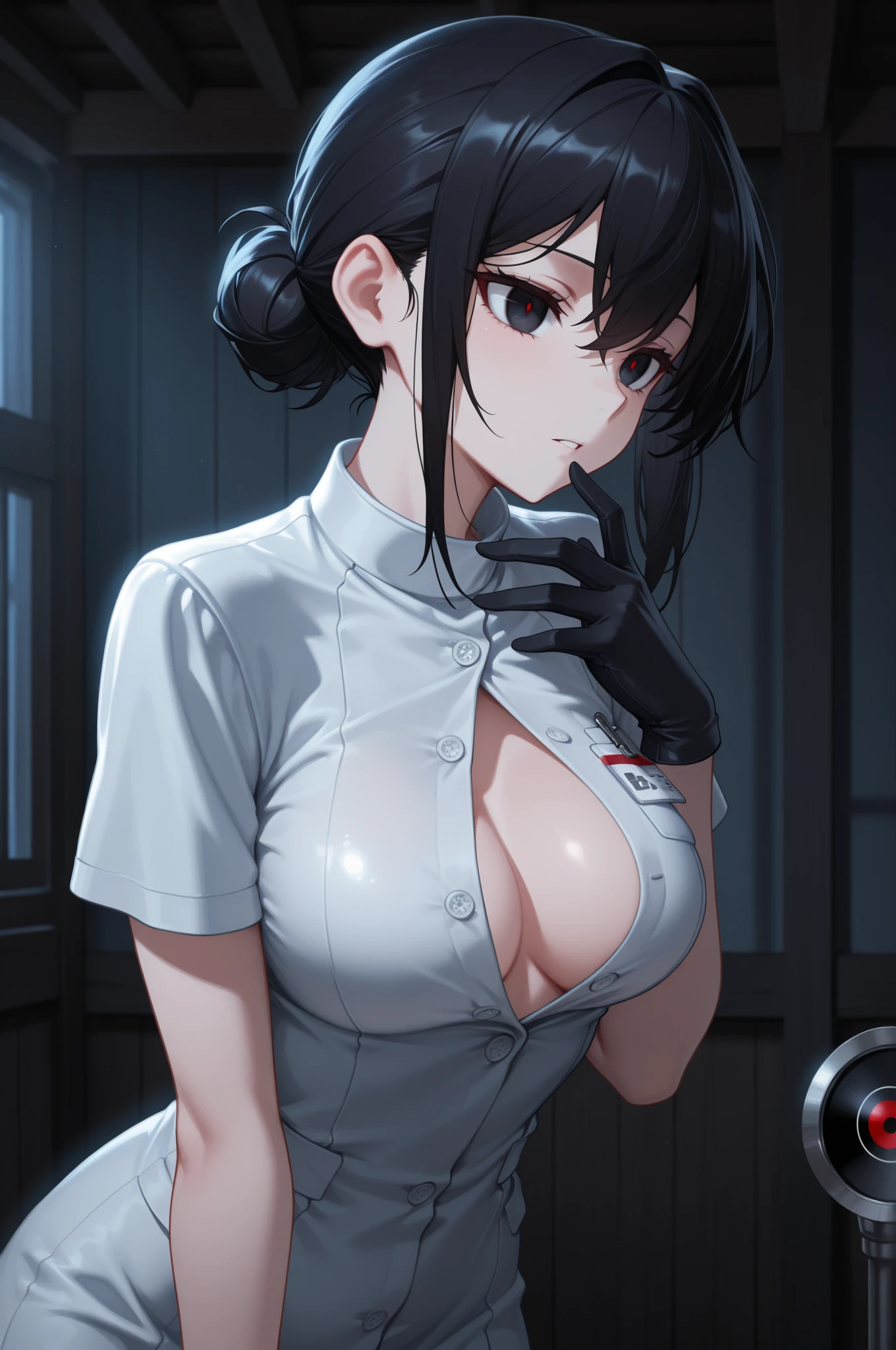 masterpiece,Big Breasts,beauty,Purple glasses,Black Hair,Side Ponytail,Surrounded by zombies,Gritting your teeth,See-through dress,Holding a gun,heavy rain,Wet with rain